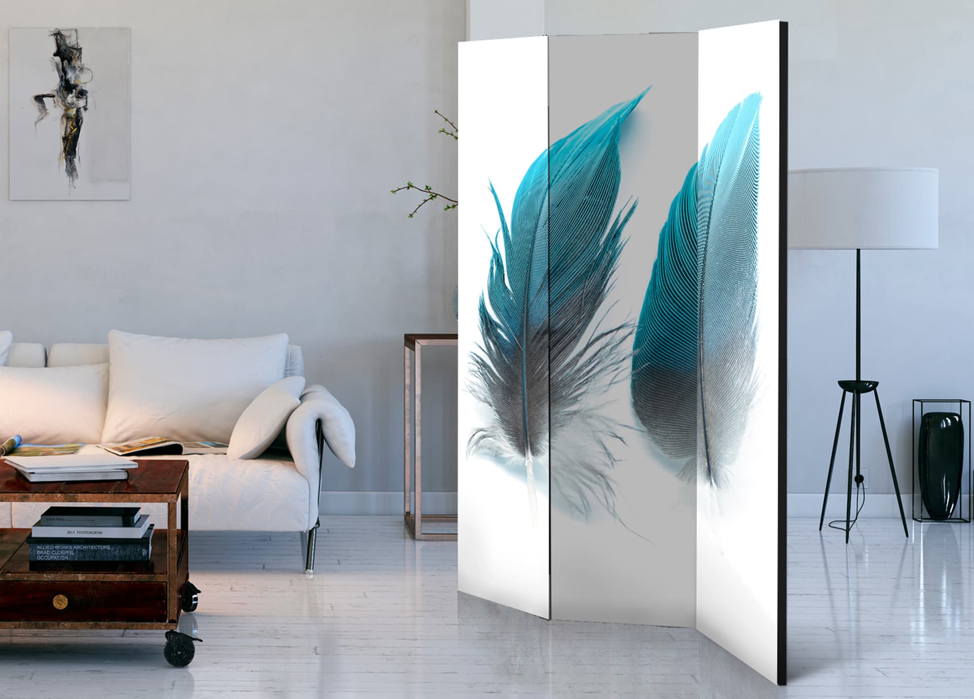 

Parawan 3-częściowy - Niebieskie piórka [Room Dividers] (rozmiar 135x172)