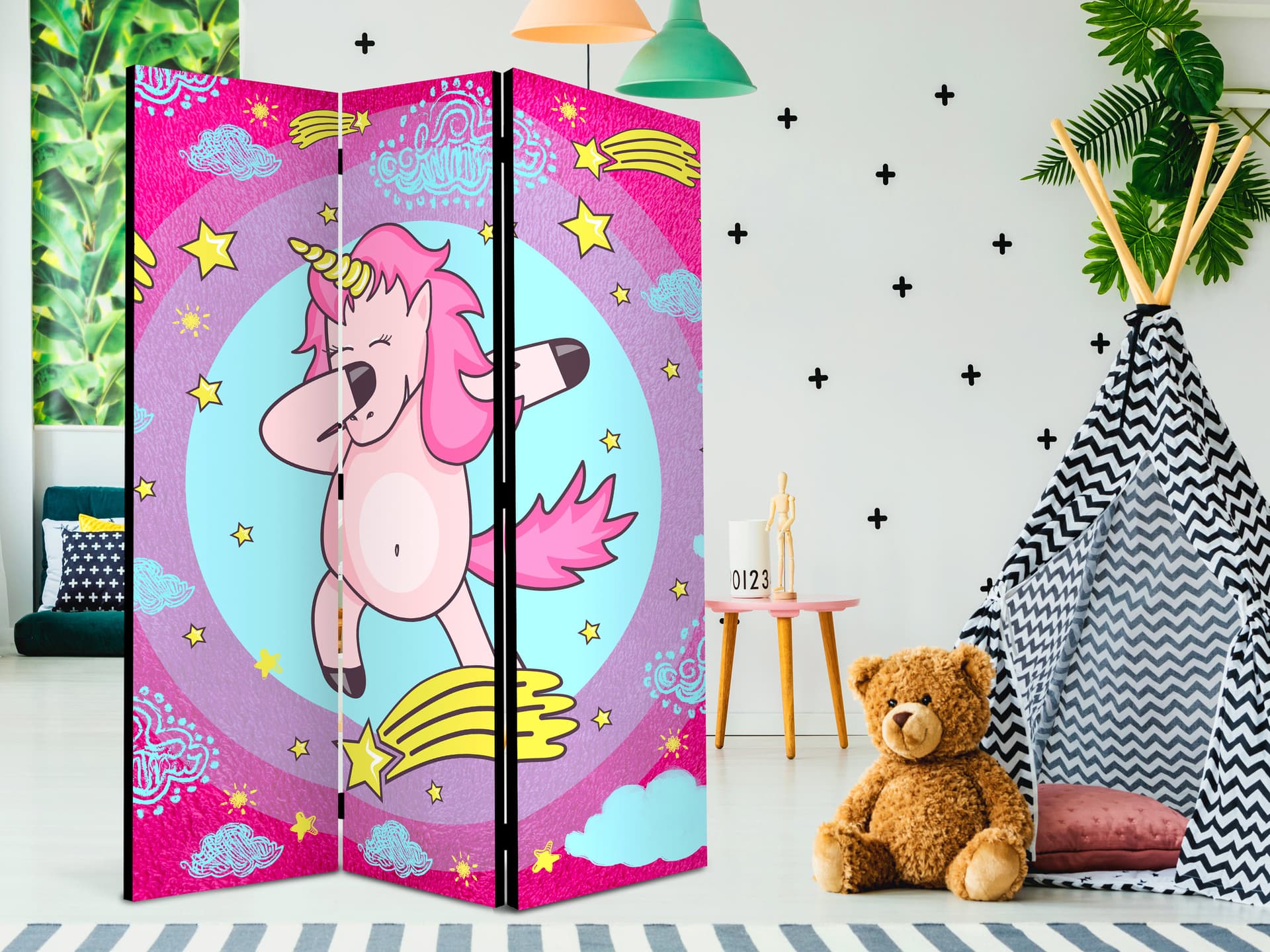 

Parawan 3-częściowy - Roztańczowy unicorn [Room Dividers] (rozmiar 135x172)