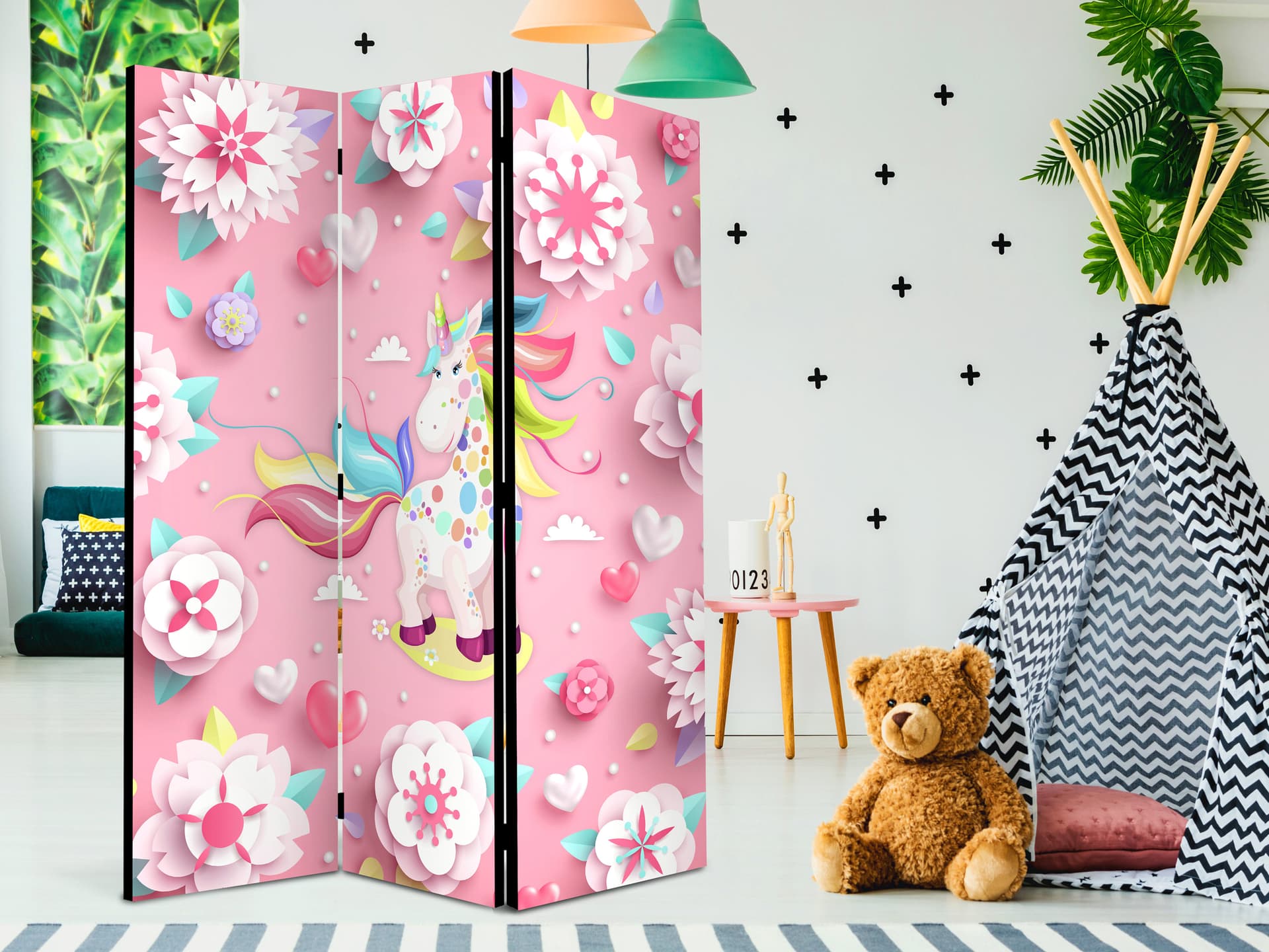 

Parawan 3-częściowy - Jednorożec w kwietniku [Room Dividers] (rozmiar 135x172)