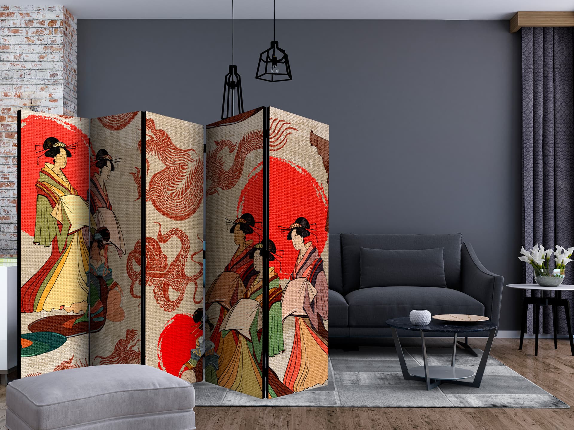 

Parawan 5-częściowy - Gejsze II [Room Dividers] (rozmiar 225x172)