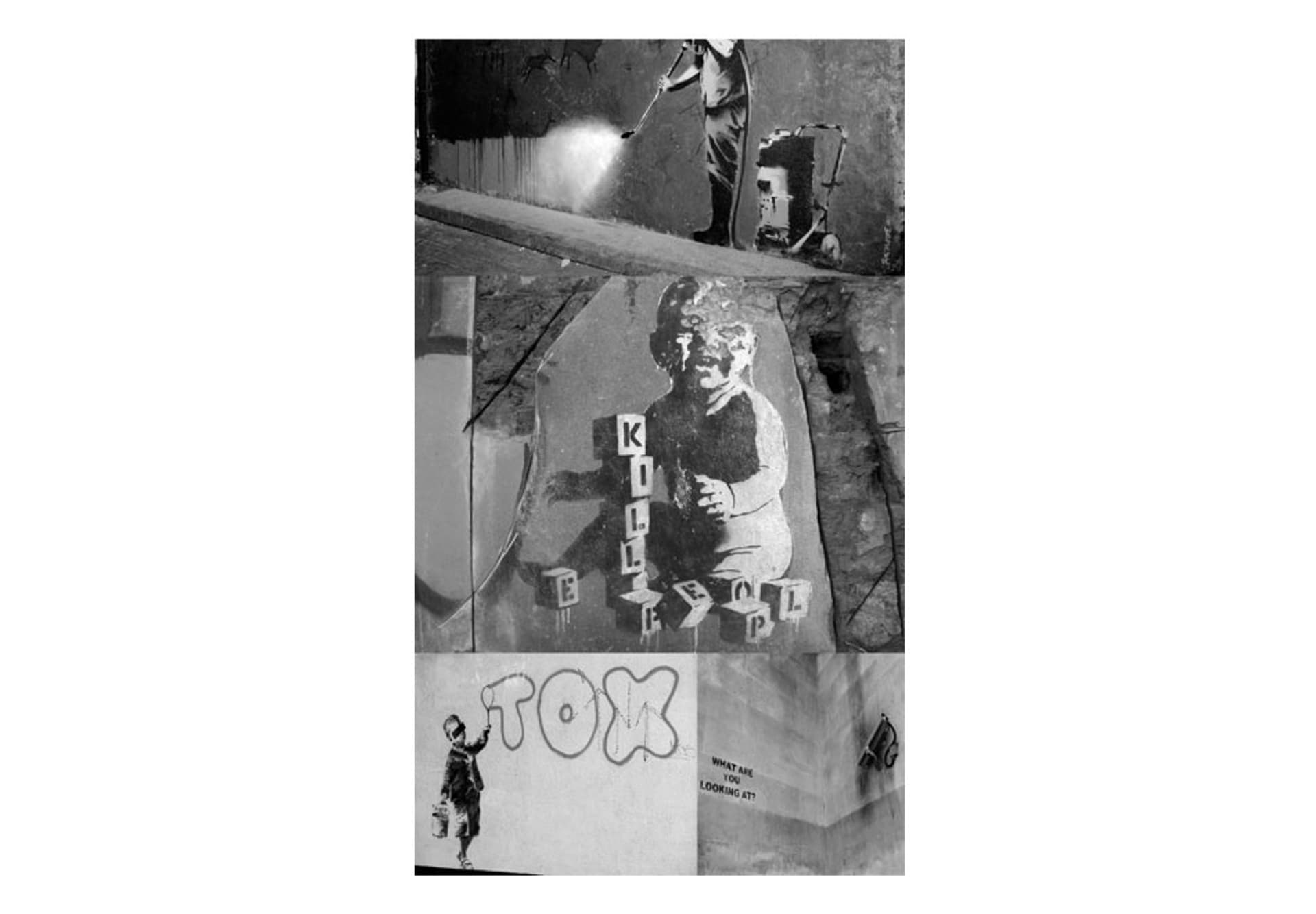 

Fototapeta - Banksy - szary kolaż (rozmiar 50x1000)