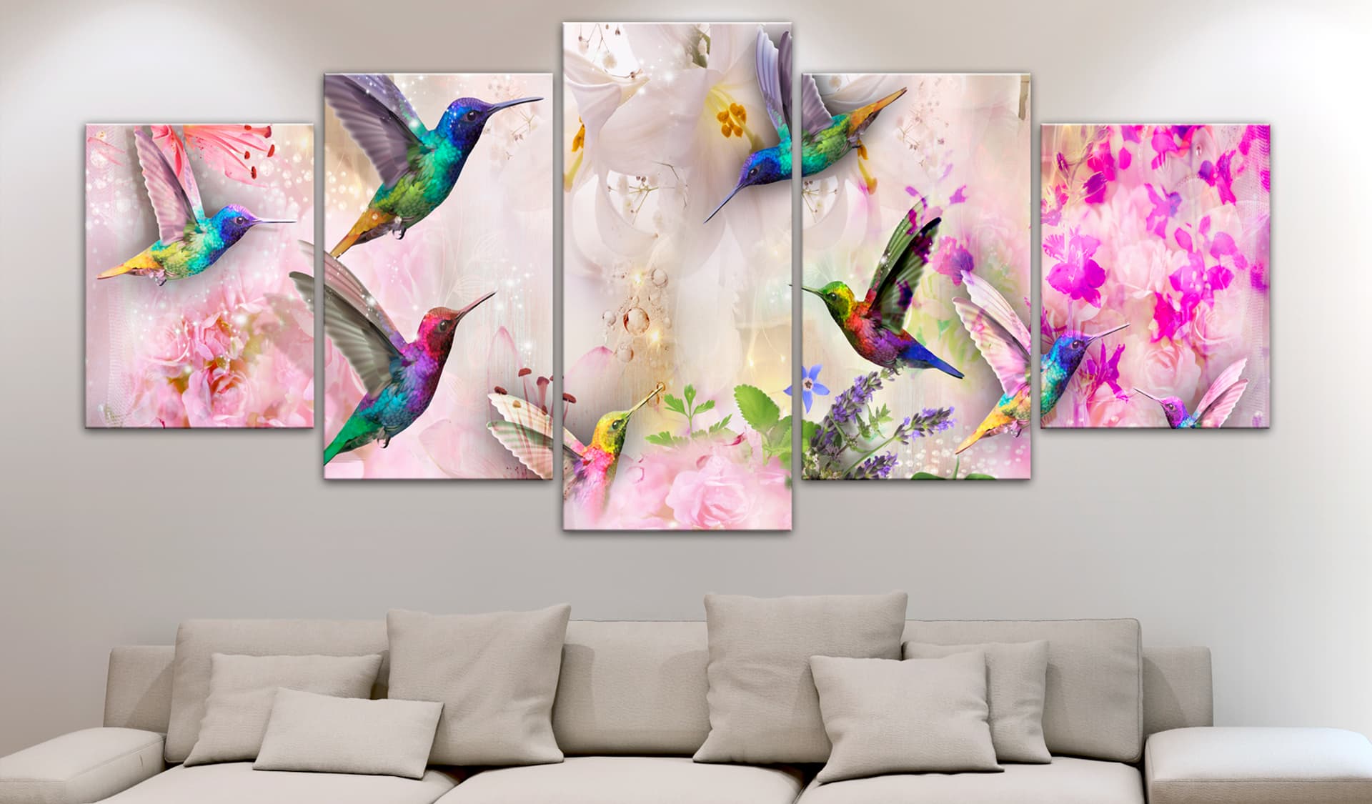 

Obraz - Kolorowe kolibry (5-częściowy) szeroki różowy (rozmiar 200x100)