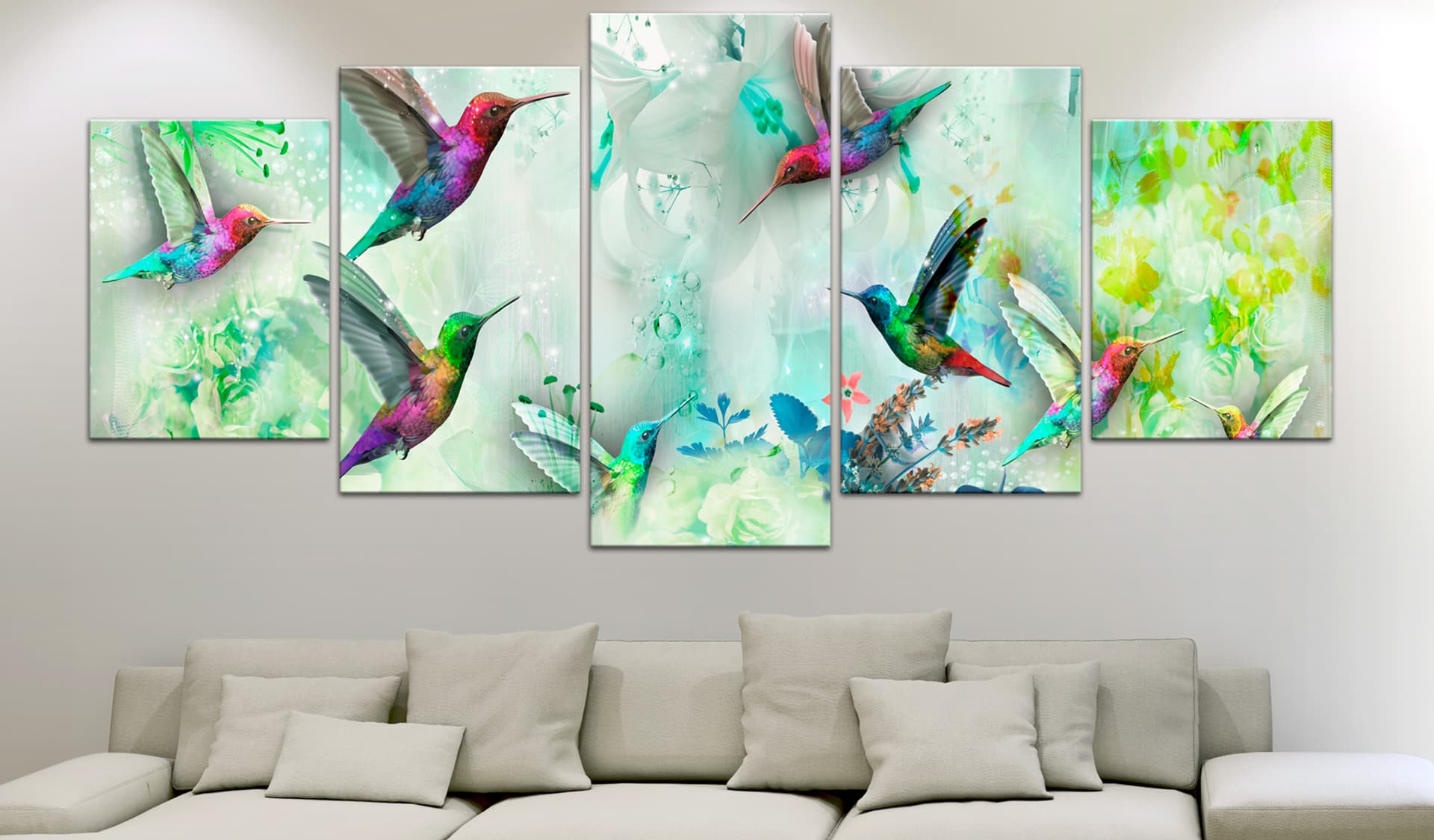 

Obraz - Kolorowe kolibry (5-częściowy) szeroki zielony (rozmiar 225x112.5)