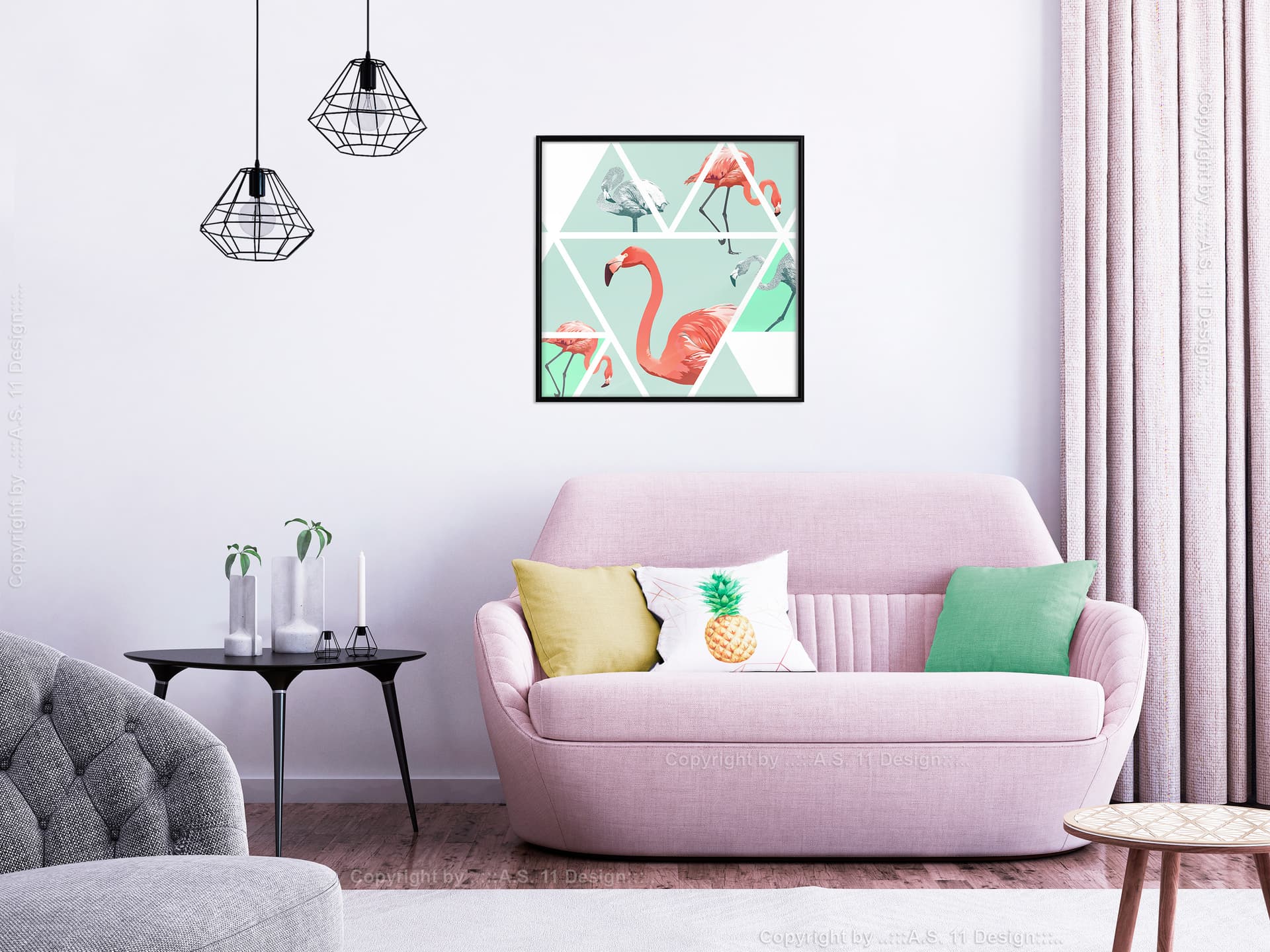 

Plakat - Tropikalna mozaika z flamingami (kwadratowy) (rozmiar 30x30, wykończenie Rama czarna)
