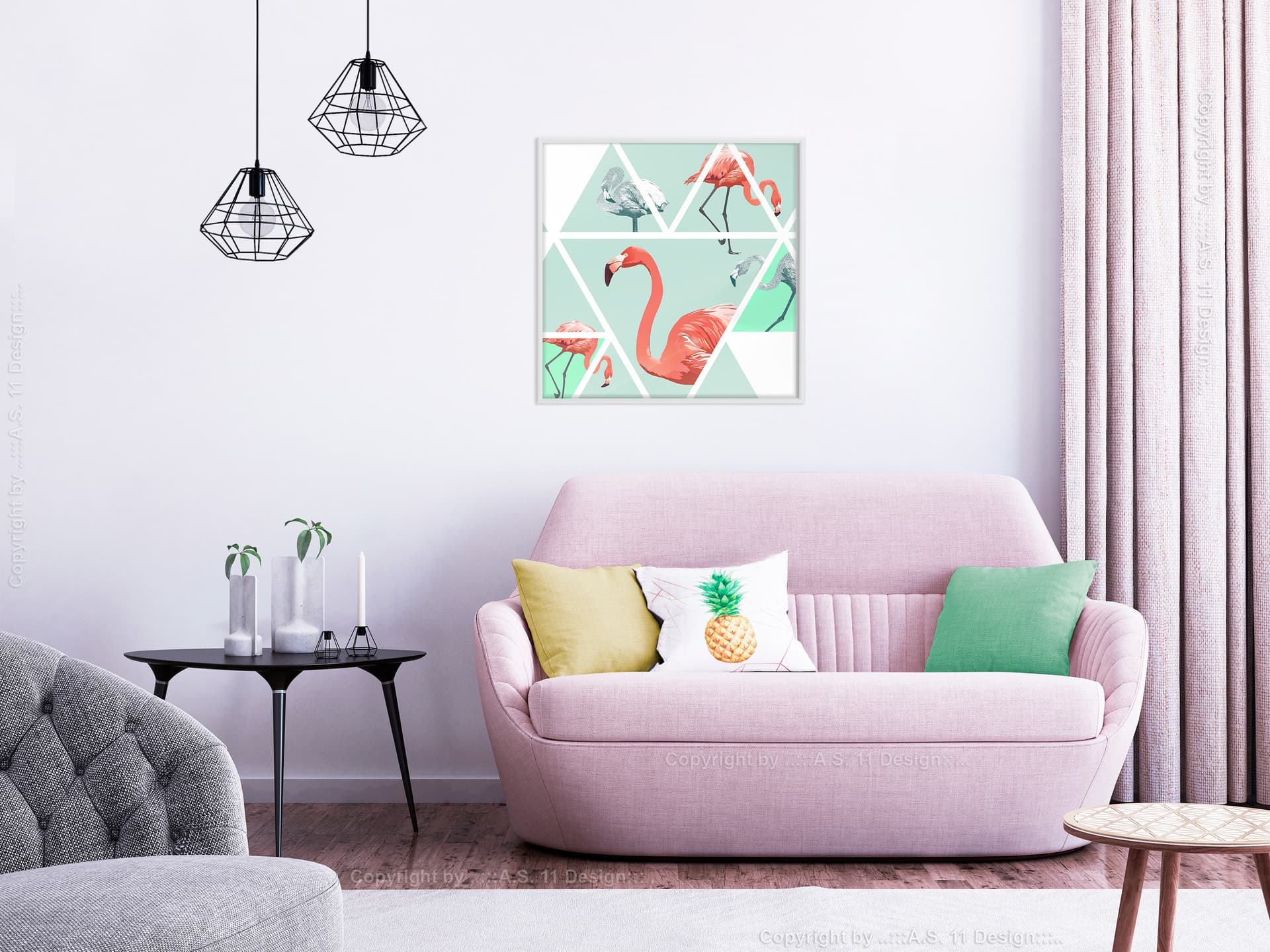

Plakat - Tropikalna mozaika z flamingami (kwadratowy) (rozmiar 20x20, wykończenie Rama biała)