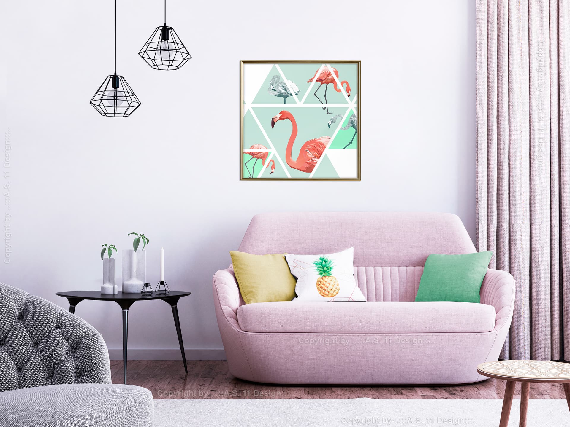 

Plakat - Tropikalna mozaika z flamingami (kwadratowy) (rozmiar 30x30, wykończenie Rama złota)