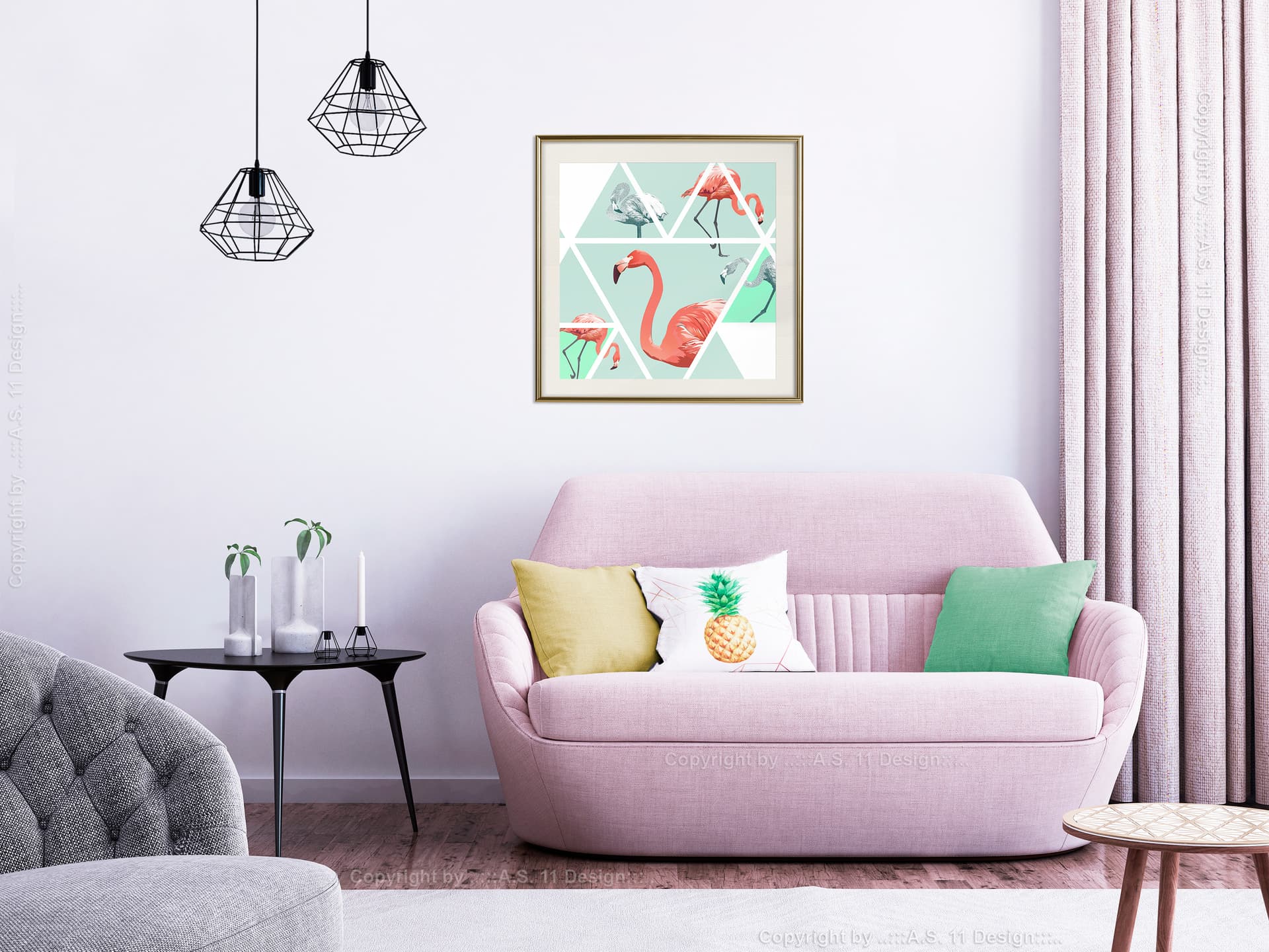 

Plakat - Tropikalna mozaika z flamingami (kwadratowy) (rozmiar 20x20, wykończenie Rama złota z passe-partout)