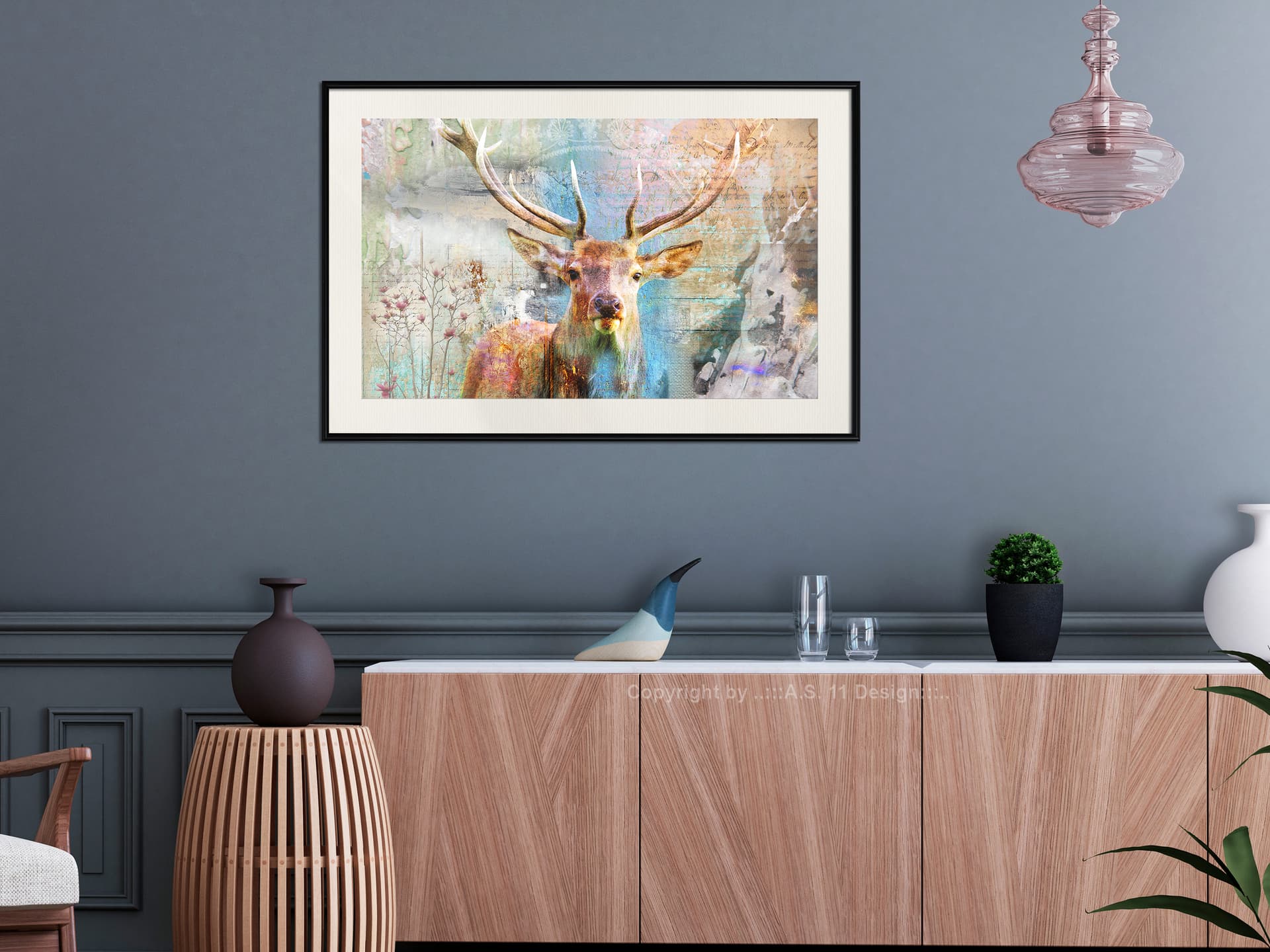 

Plakat - Pastelowy jeleń (rozmiar 45x30, wykończenie Rama czarna z passe-partout)