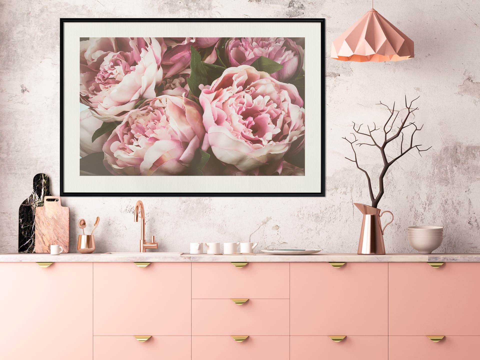 

Plakat - Pastelowe peonie (rozmiar 45x30, wykończenie Rama czarna z passe-partout)