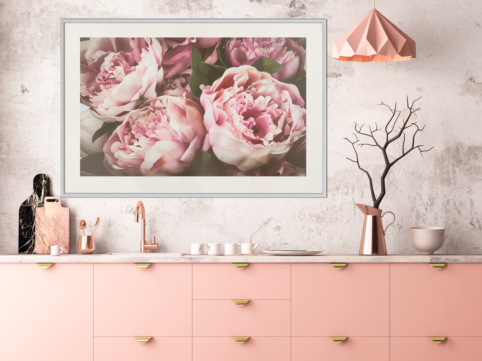 

Plakat - Pastelowe peonie (rozmiar 45x30, wykończenie Rama biała z passe-partout)