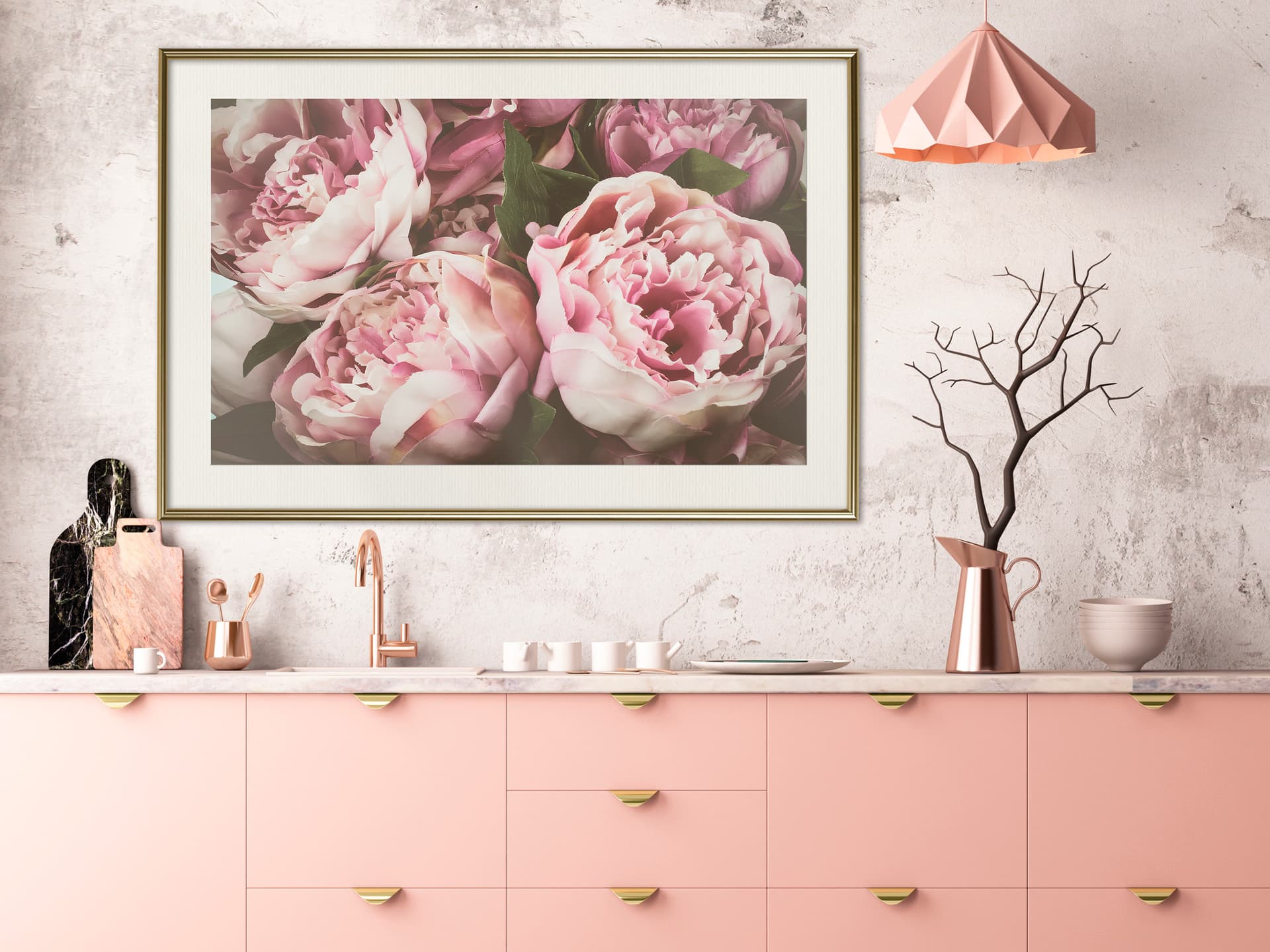 

Plakat - Pastelowe peonie (rozmiar 30x20, wykończenie Rama złota z passe-partout)