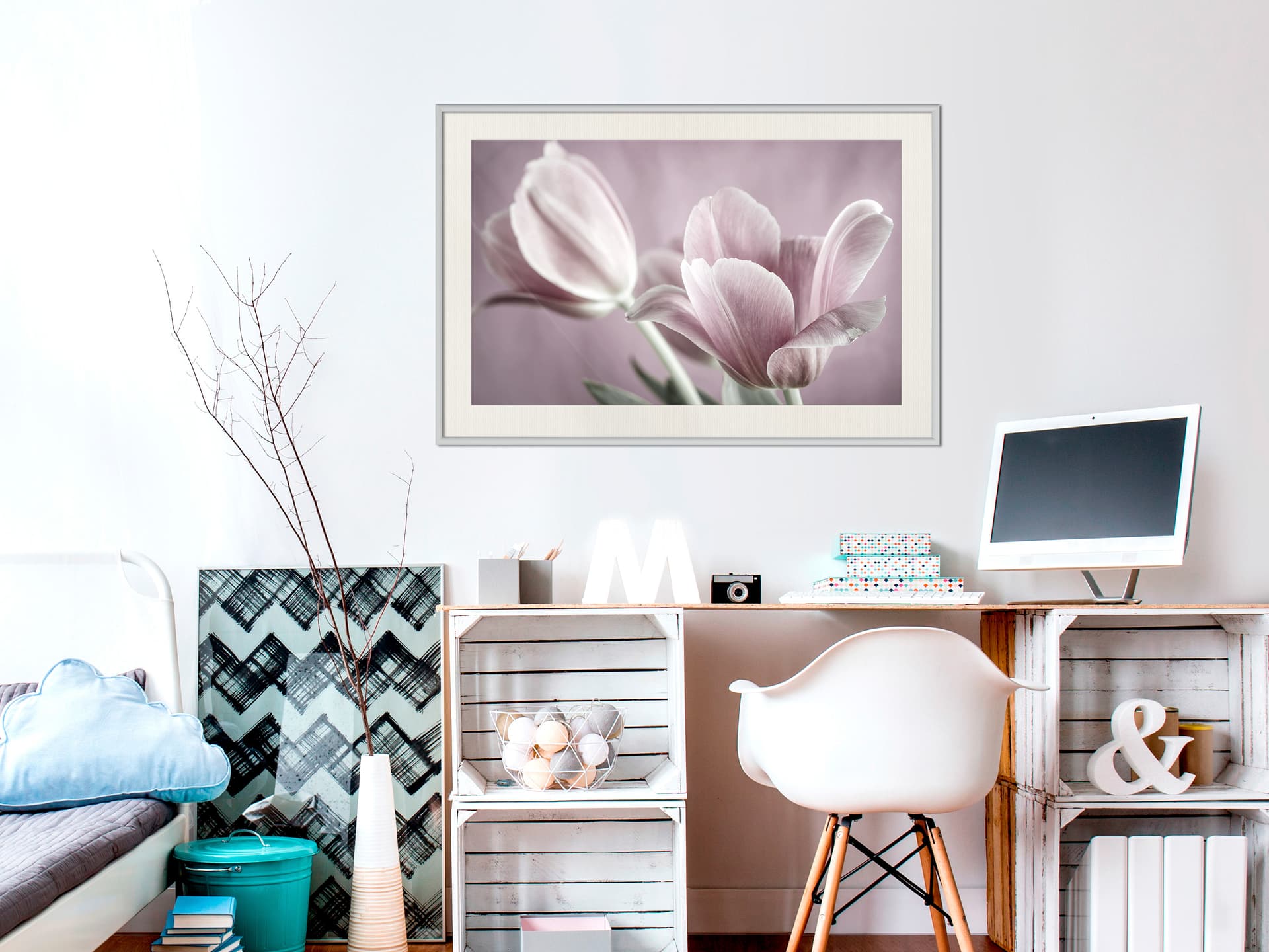 

Plakat - Pastelowe tulipany I (rozmiar 60x40, wykończenie Rama biała z passe-partout)