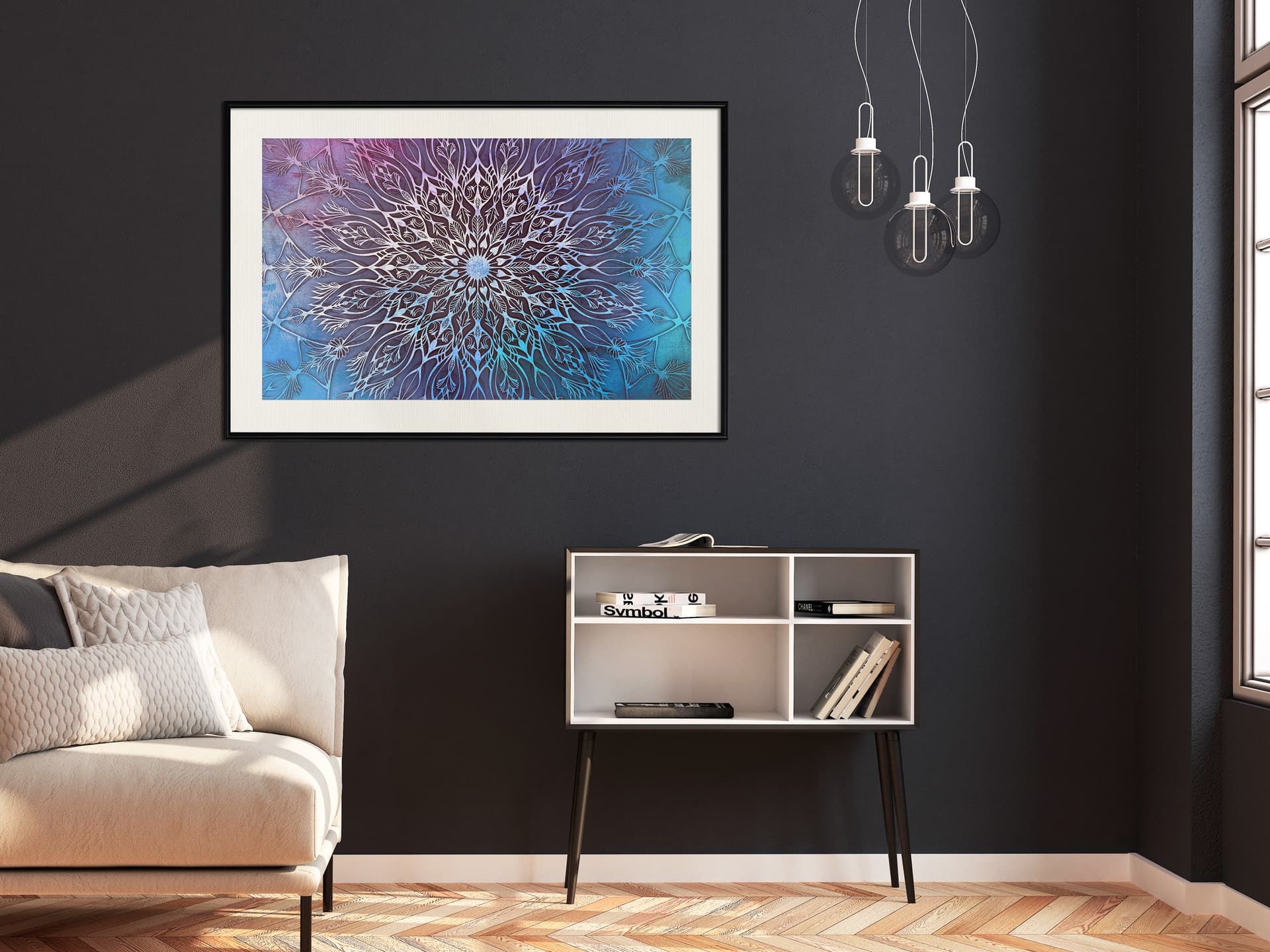 

Plakat - Niebiesko-różowa mandala (rozmiar 90x60, wykończenie Rama czarna z passe-partout)
