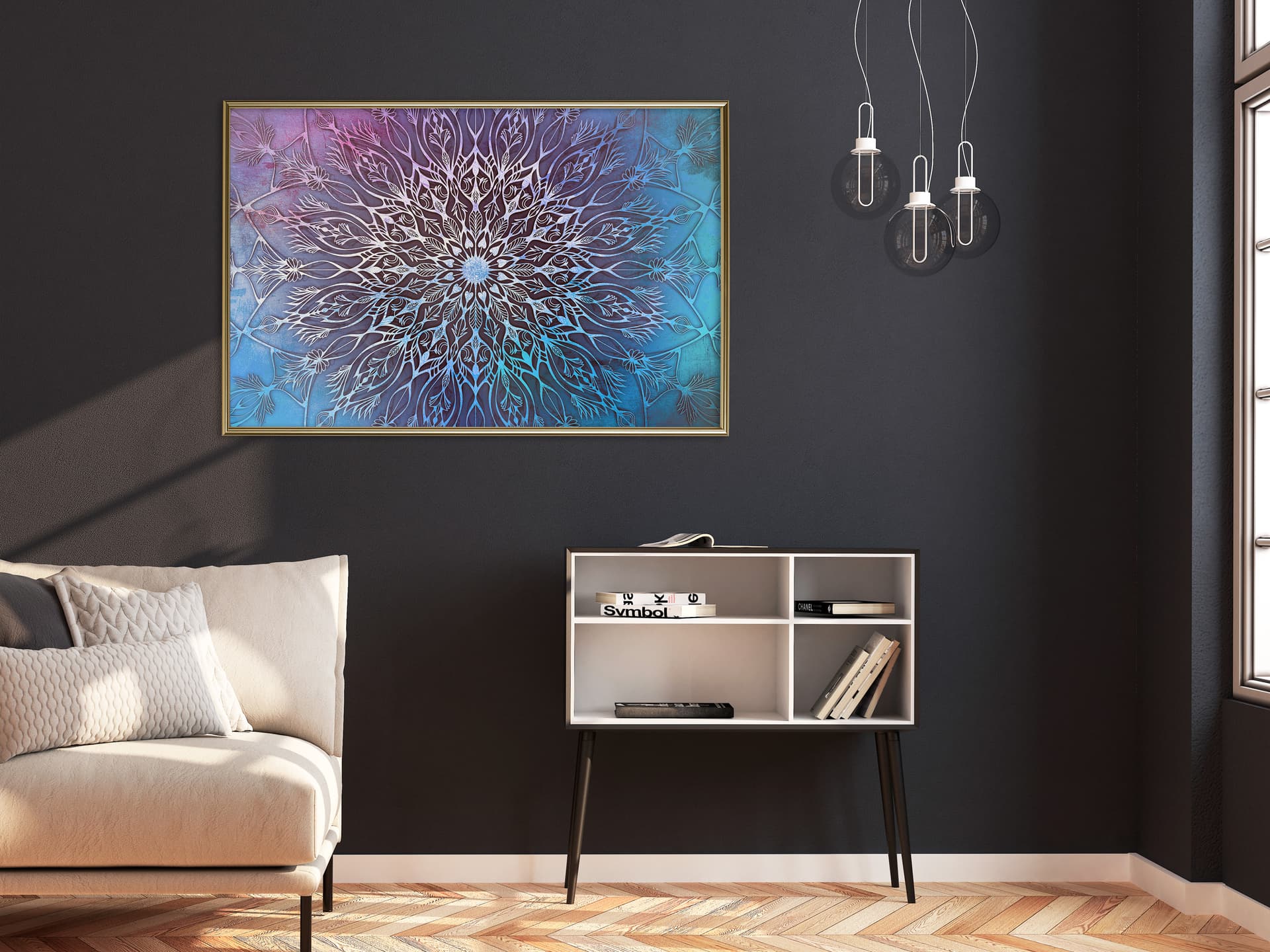 

Plakat - Niebiesko-różowa mandala (rozmiar 60x40, wykończenie Rama złota)