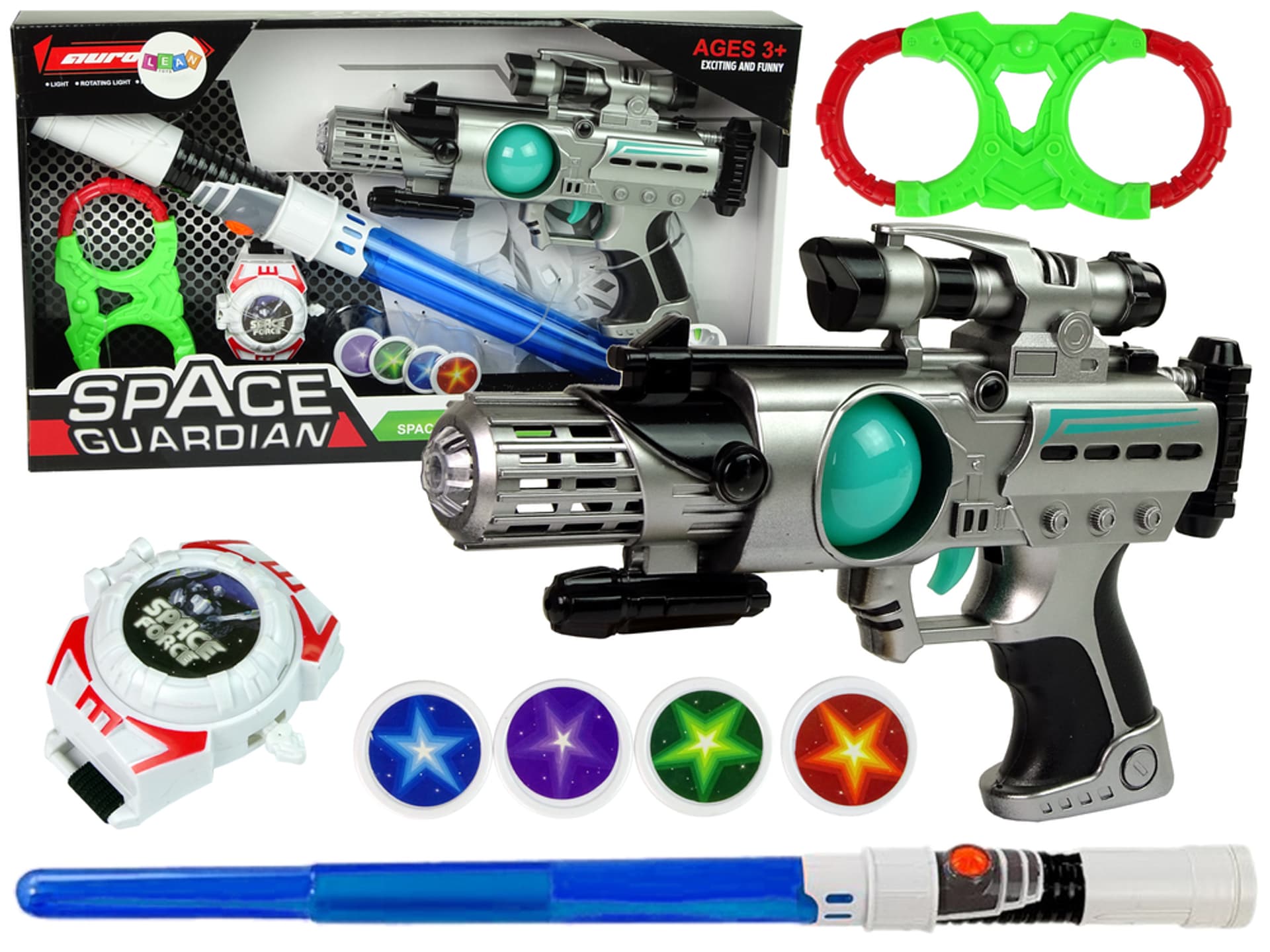 

Zestaw Wojownika Kosmosu Pistolet Laserowy Miecz Świetlny Kajdanki Miotacz Dysków