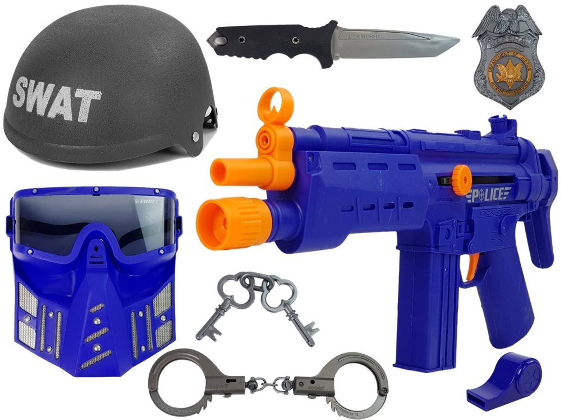 

Zestaw Policyjny SWAT Maska Hełm Odznaka Pistolet 36 cm