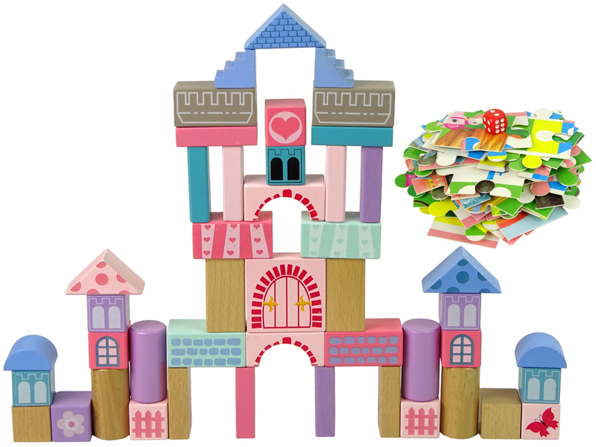 

Drewniane Klocki Zamek Księżniczka Książe 67 Elementów Karoca Gra Puzzle