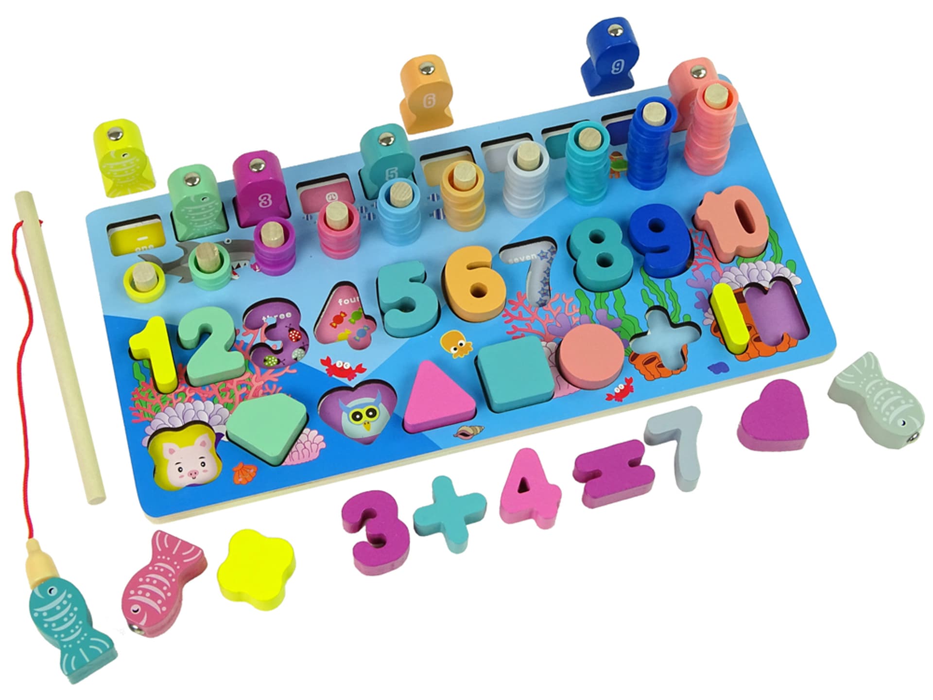 

Plansza Drewniana Edukacyjna 5 w 1 Liczby Działania Matematyka Liczydło Łowienie Rybek