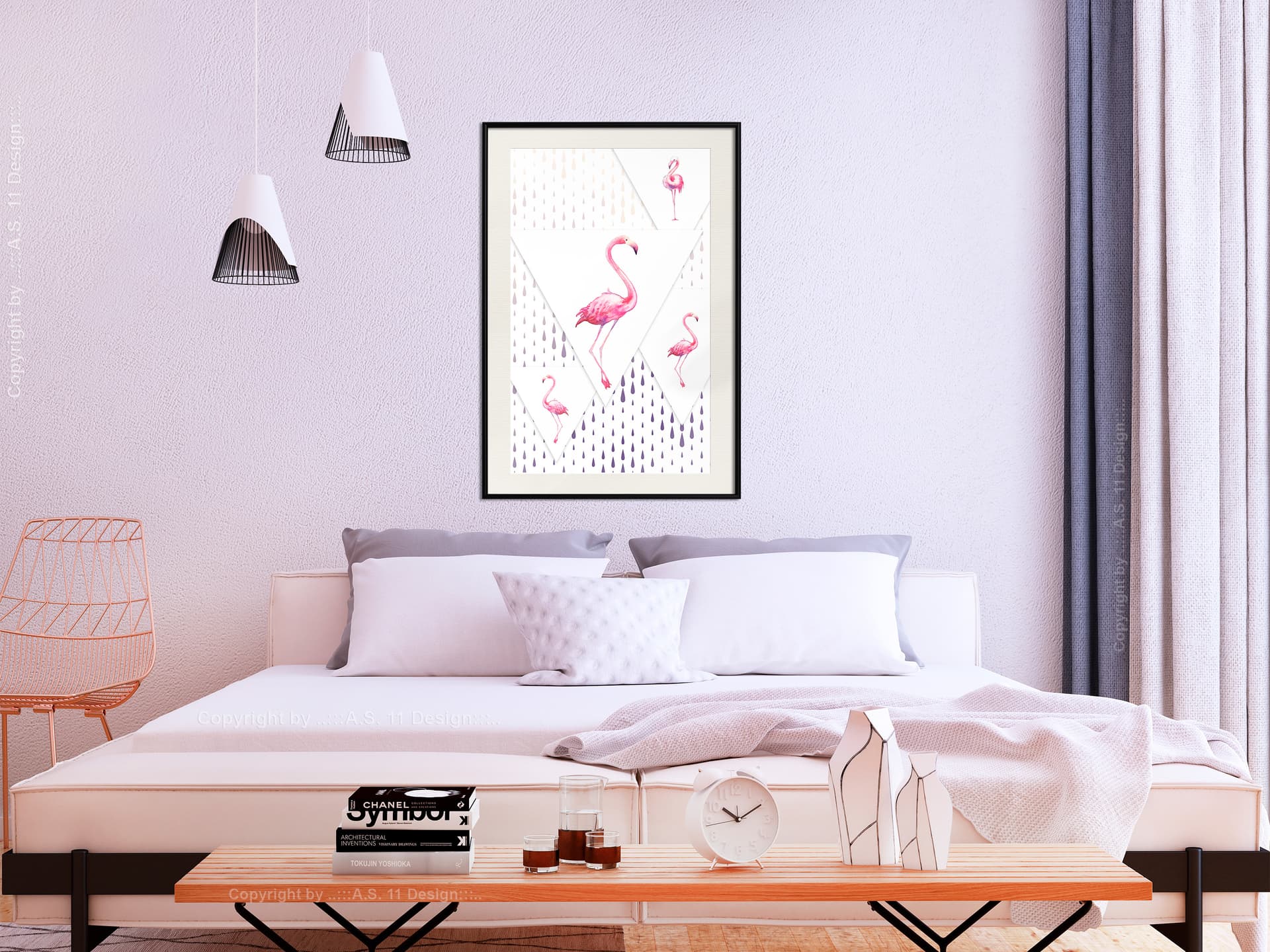 

Plakat - Flamingi i trójkąty (rozmiar 30x45, wykończenie Rama czarna z passe-partout)
