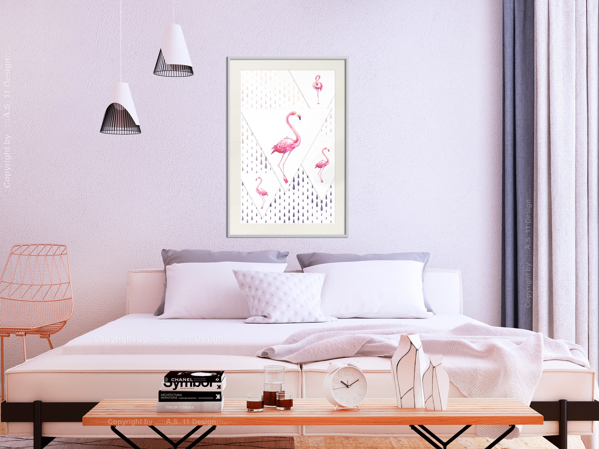 

Plakat - Flamingi i trójkąty (rozmiar 20x30, wykończenie Rama biała z passe-partout)