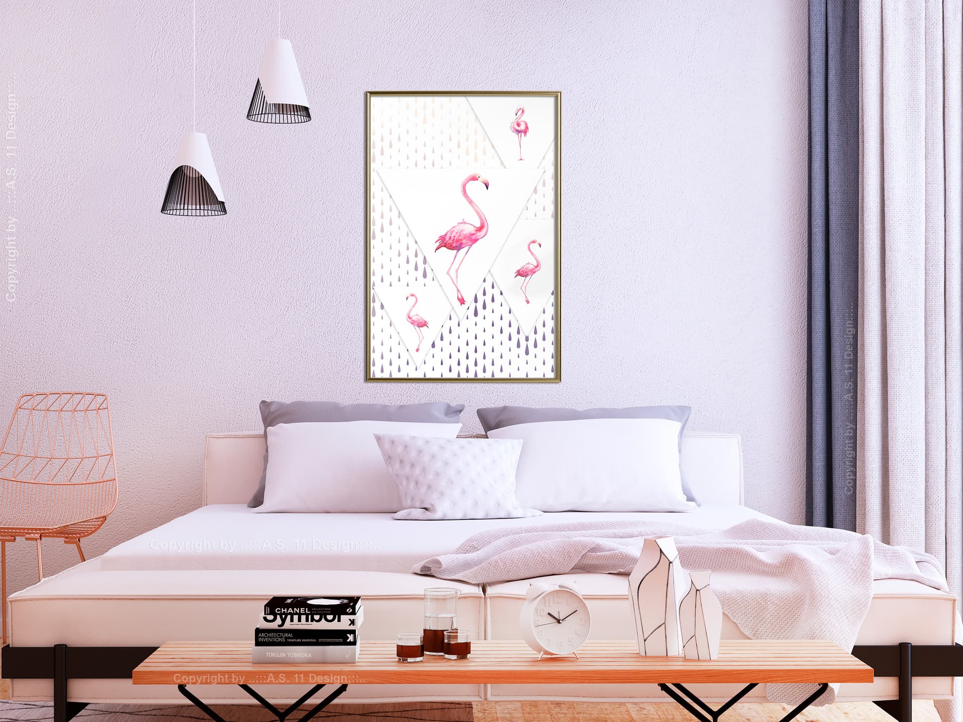 

Plakat - Flamingi i trójkąty (rozmiar 40x60, wykończenie Rama złota)