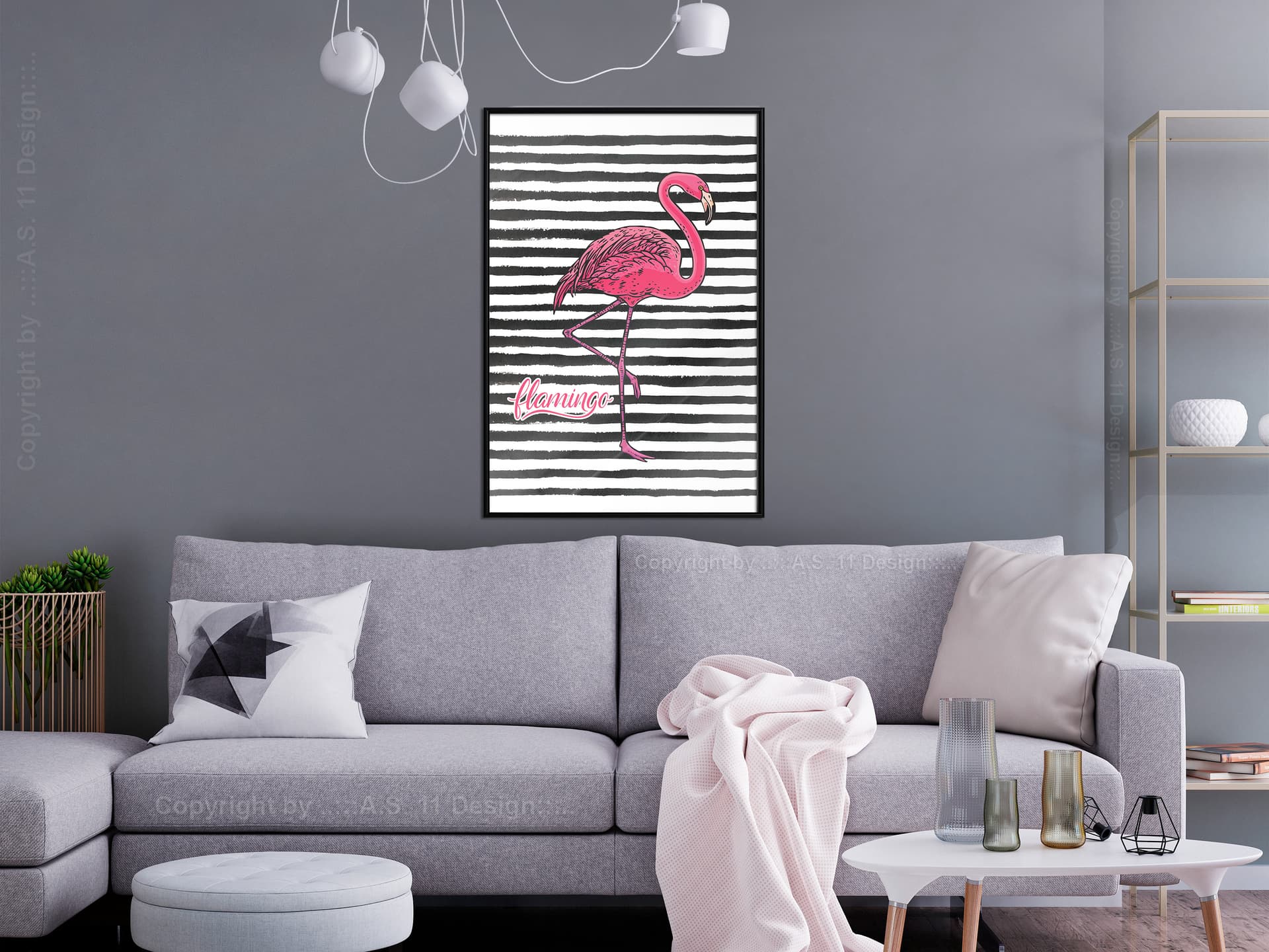 

Plakat - Flaming na pasiastym tle (rozmiar 30x45, wykończenie Rama czarna)
