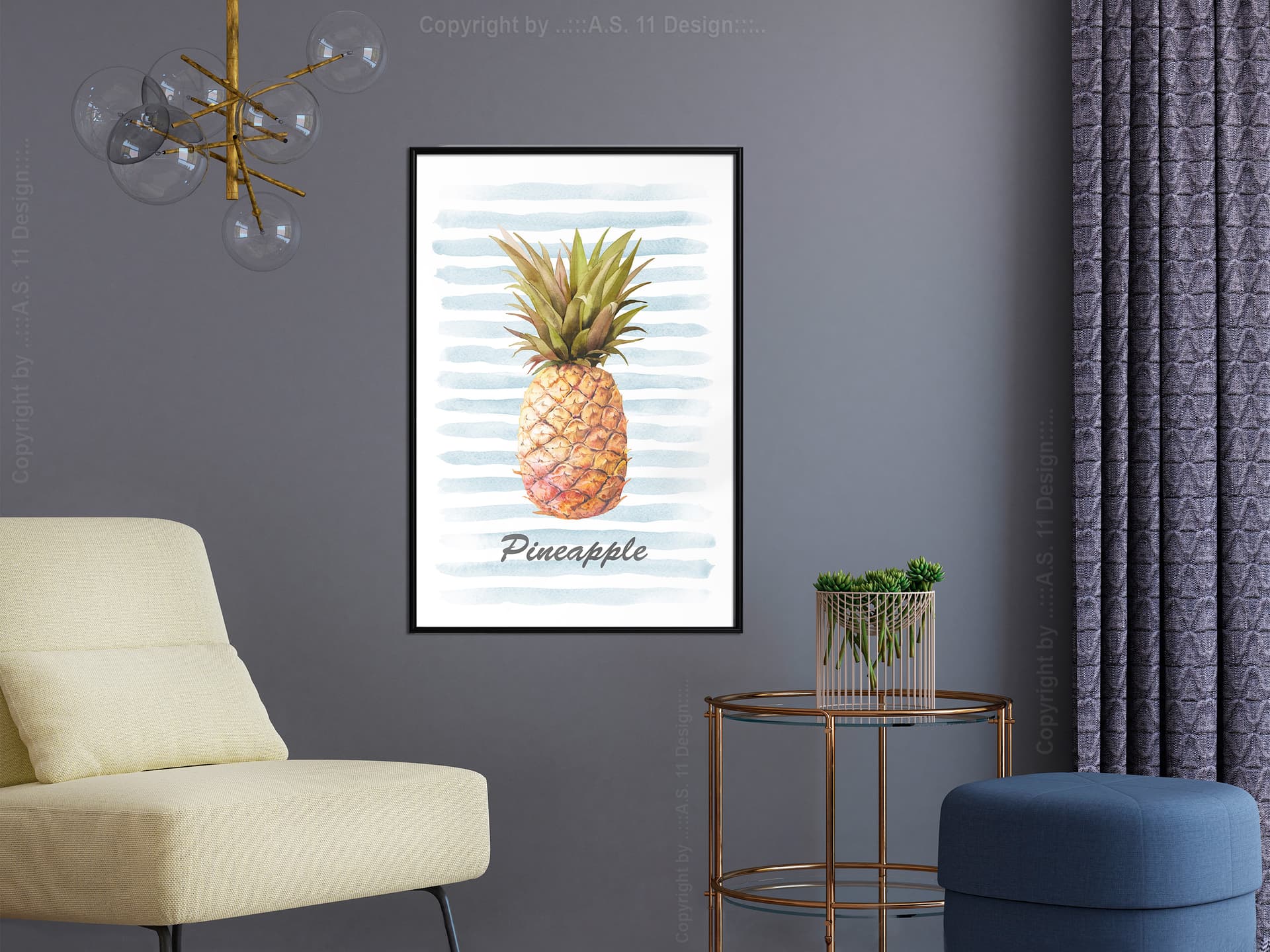 

Plakat - Ananas na pasiastym tle (rozmiar 20x30, wykończenie Rama czarna)
