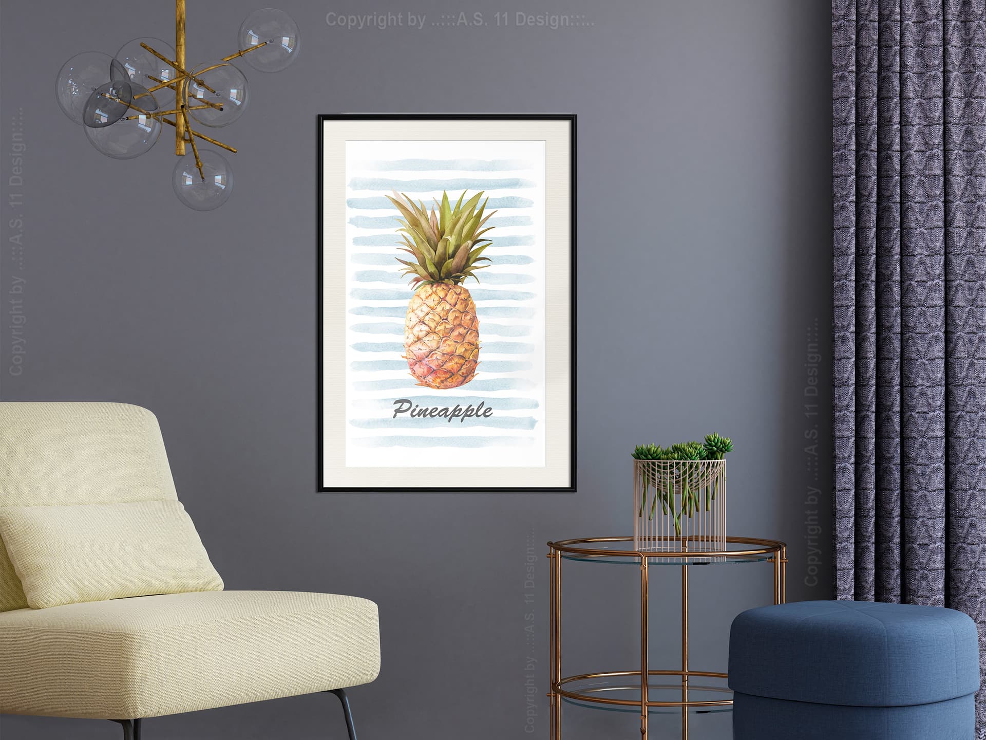 

Plakat - Ananas na pasiastym tle (rozmiar 20x30, wykończenie Rama czarna z passe-partout)