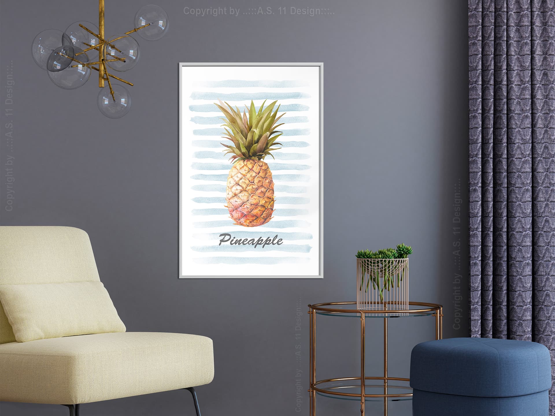 

Plakat - Ananas na pasiastym tle (rozmiar 20x30, wykończenie Rama biała)