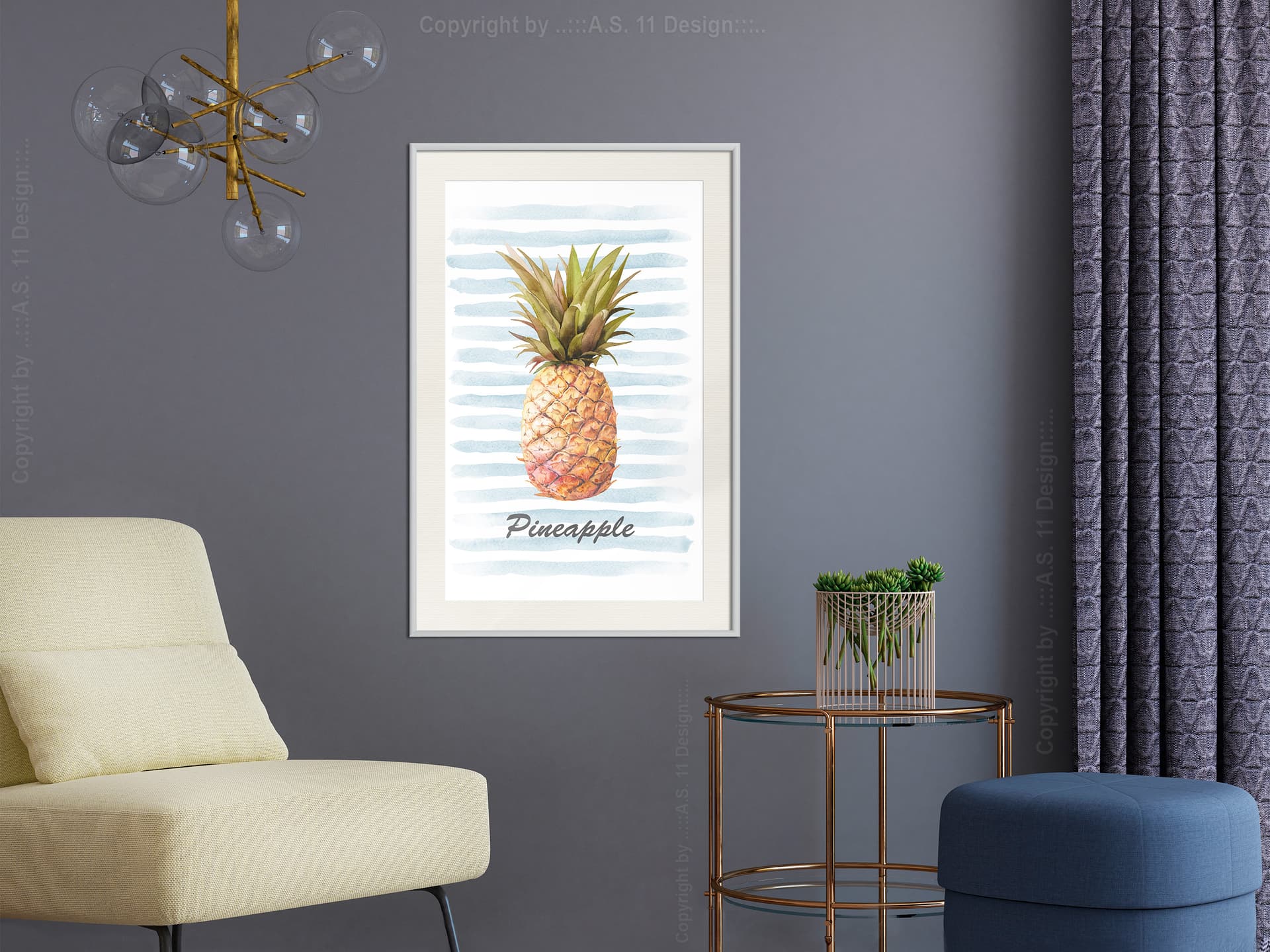 

Plakat - Ananas na pasiastym tle (rozmiar 40x60, wykończenie Rama biała z passe-partout)