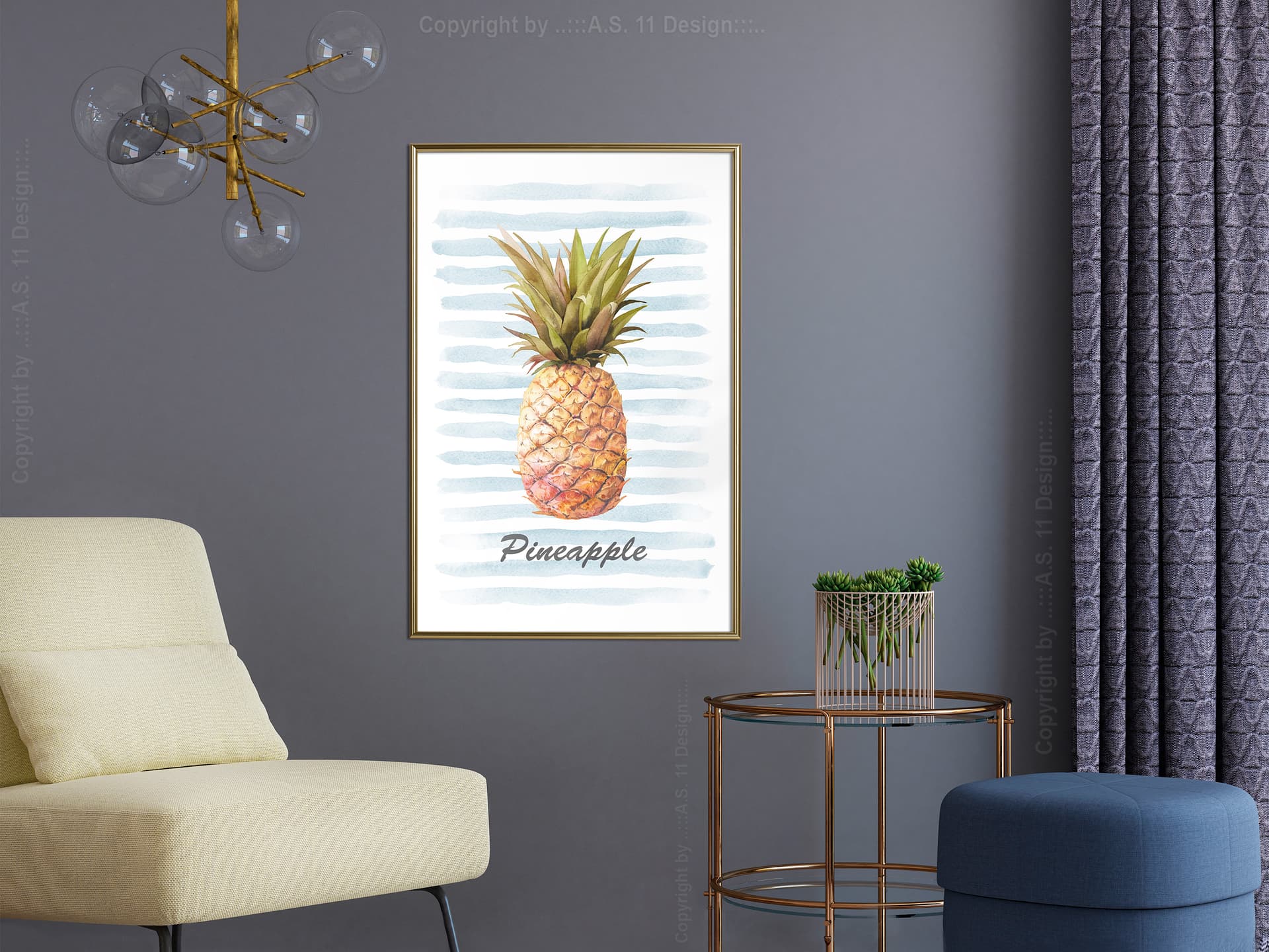 

Plakat - Ananas na pasiastym tle (rozmiar 20x30, wykończenie Rama złota)