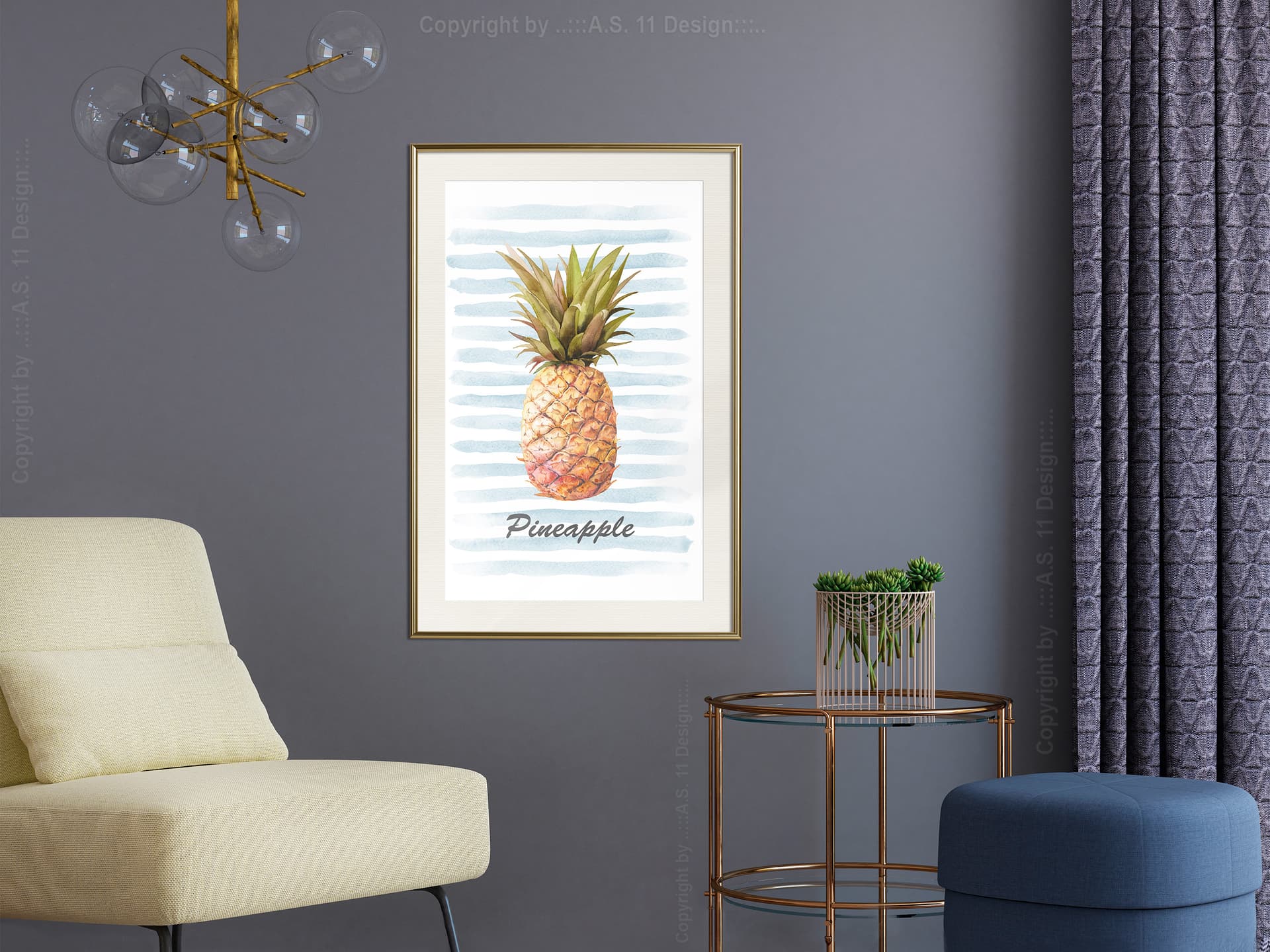 

Plakat - Ananas na pasiastym tle (rozmiar 20x30, wykończenie Rama złota z passe-partout)