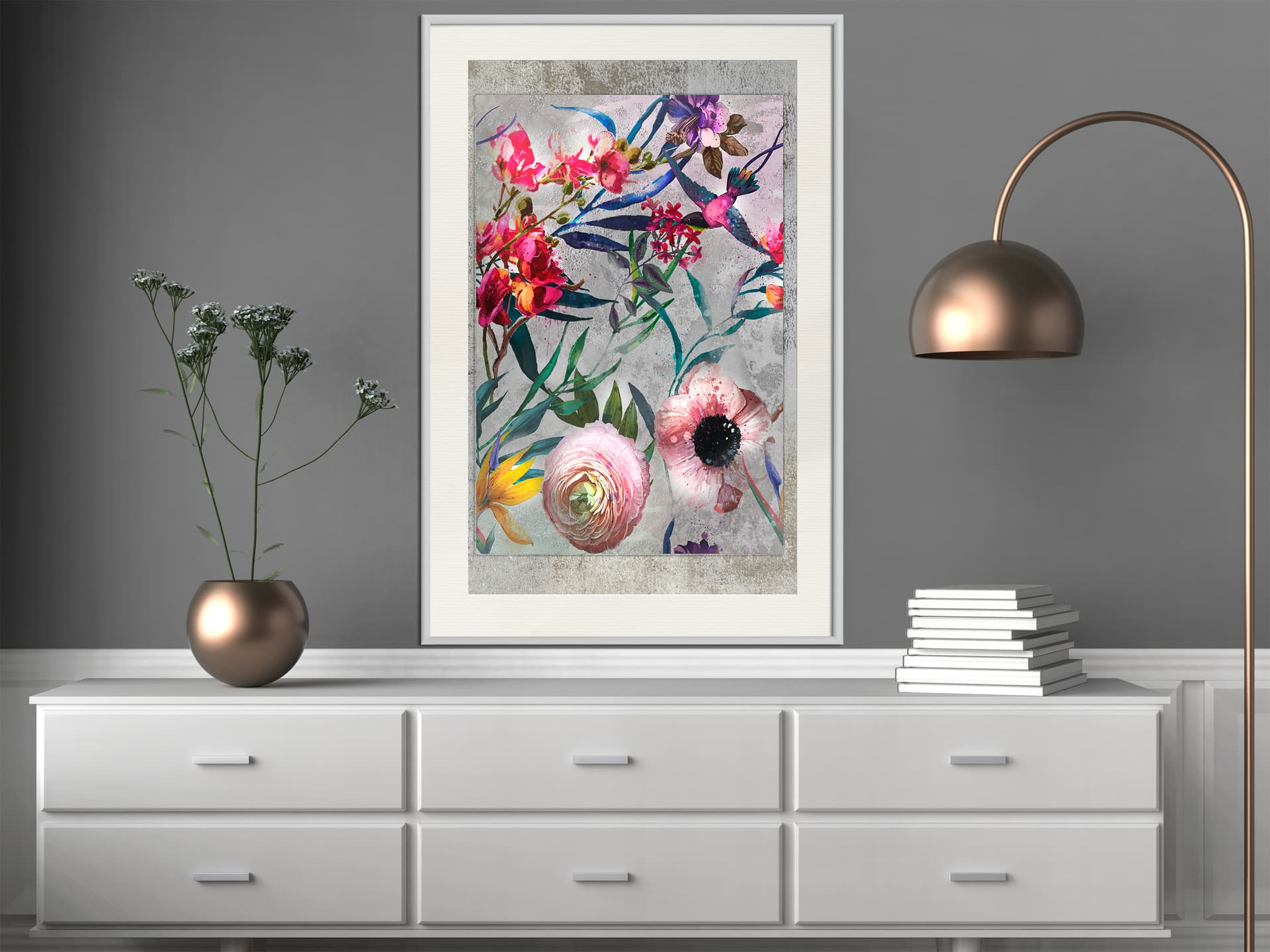 

Plakat - Rozrzucone kwiaty (rozmiar 20x30, wykończenie Rama biała z passe-partout)
