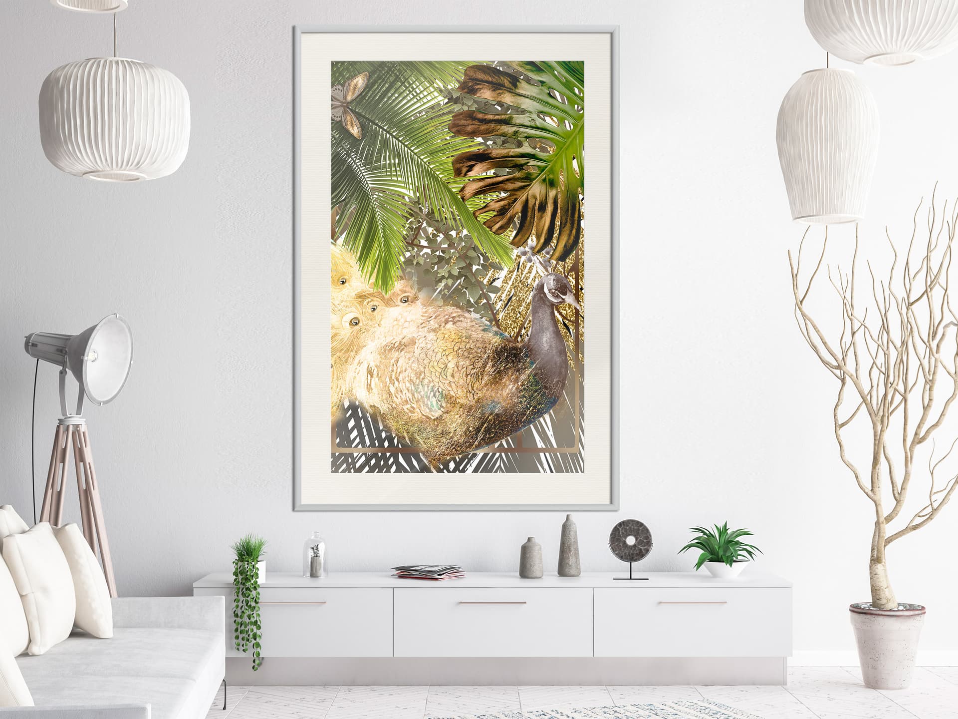 

Plakat - Bajkowy paw w dżungli (rozmiar 30x45, wykończenie Rama biała z passe-partout)
