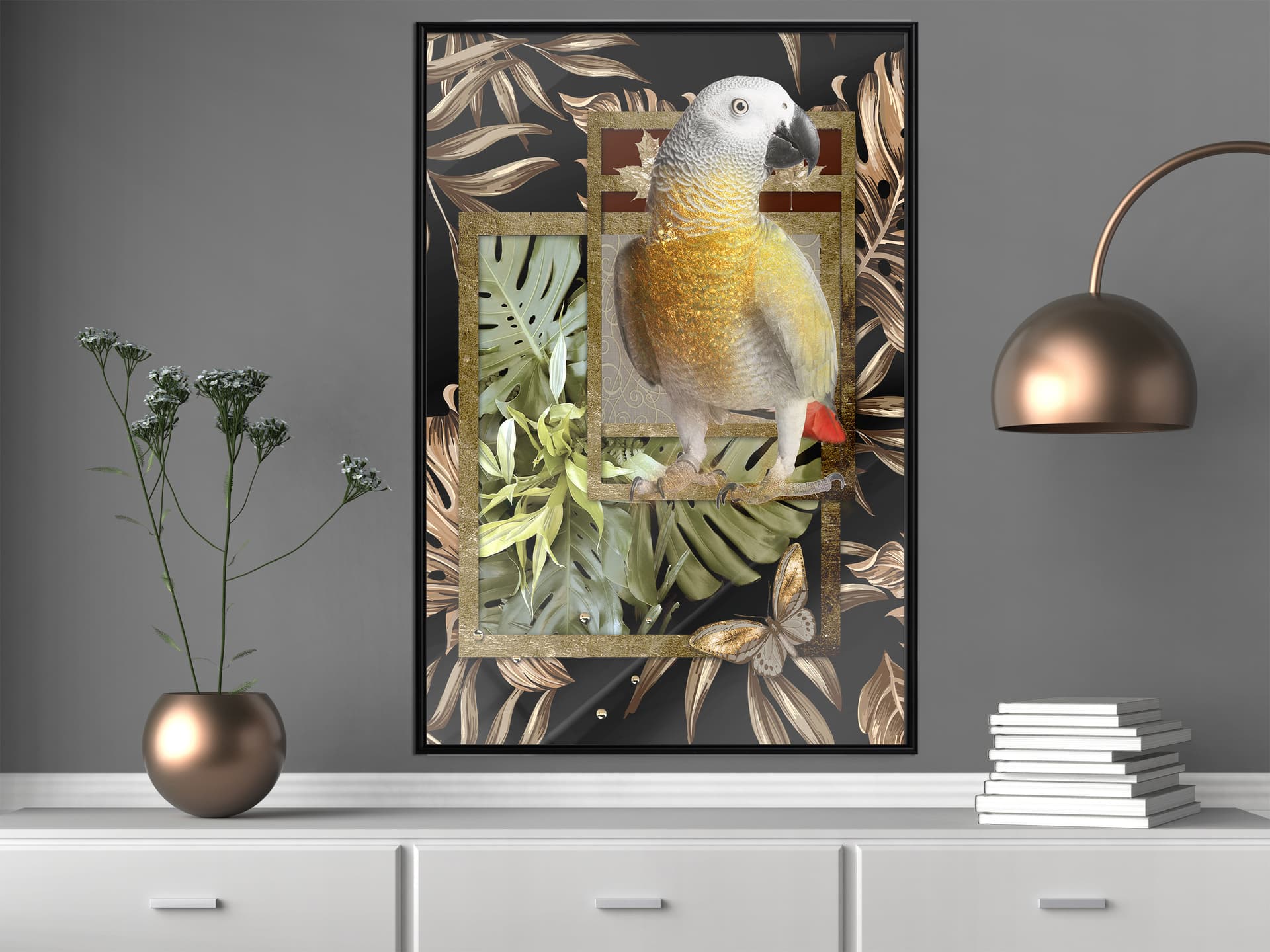 

Plakat - Kompozycja ze złotą papugą (rozmiar 40x60, wykończenie Rama czarna)