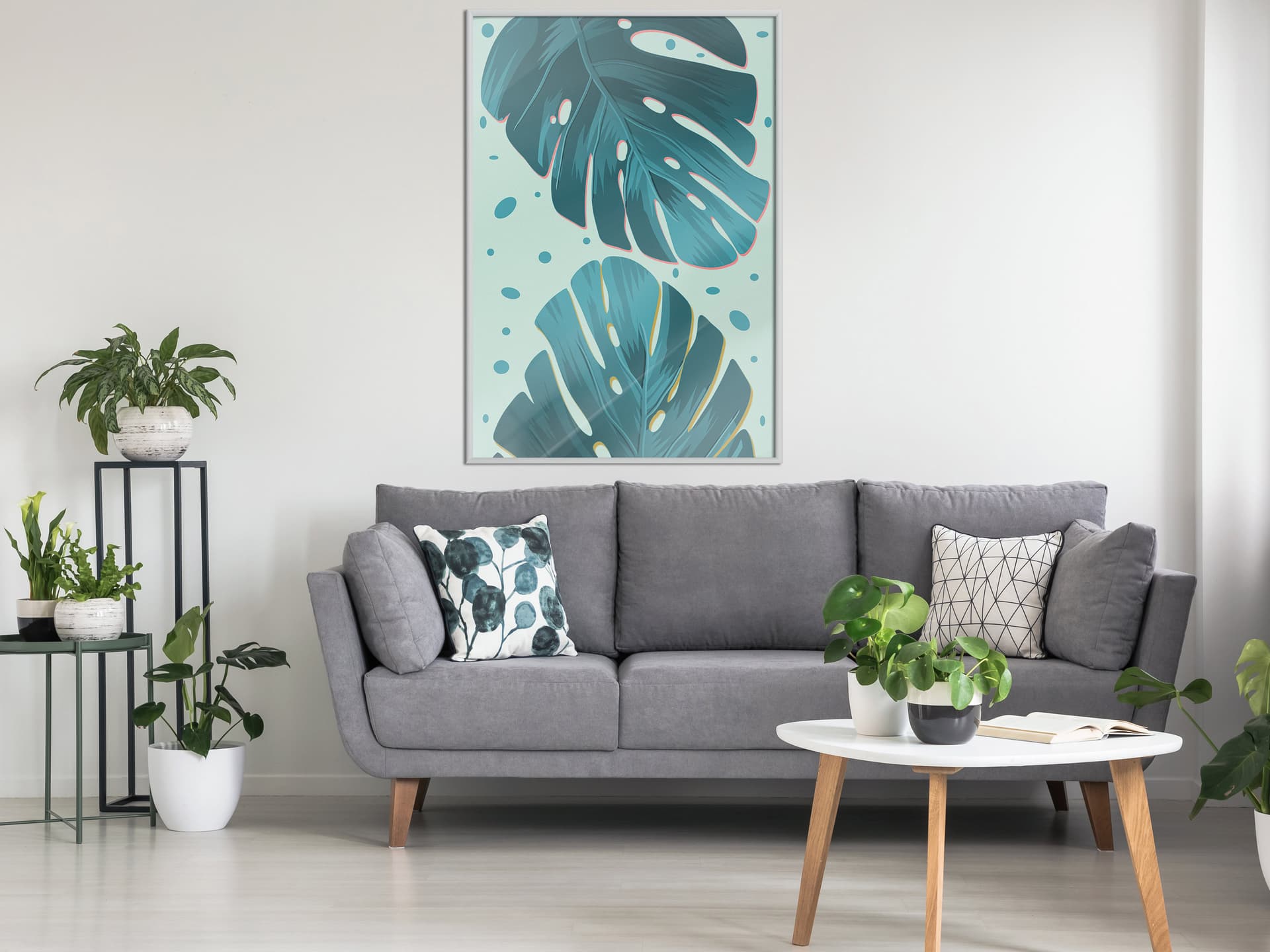 

Plakat - Pastelowe liście monstery (rozmiar 30x45, wykończenie Rama biała)