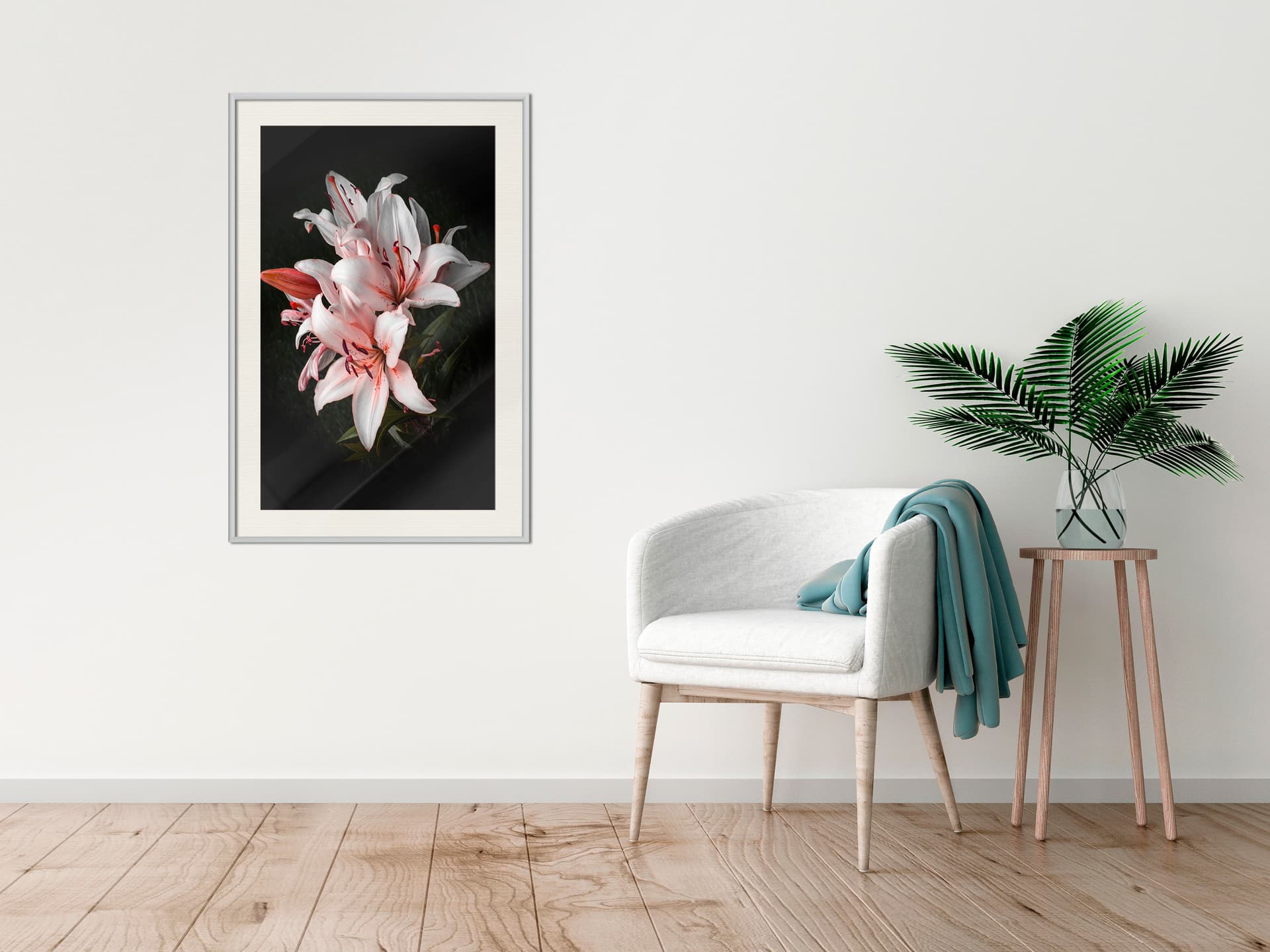

Plakat - Bladoróżowe lilie (rozmiar 40x60, wykończenie Rama biała z passe-partout)
