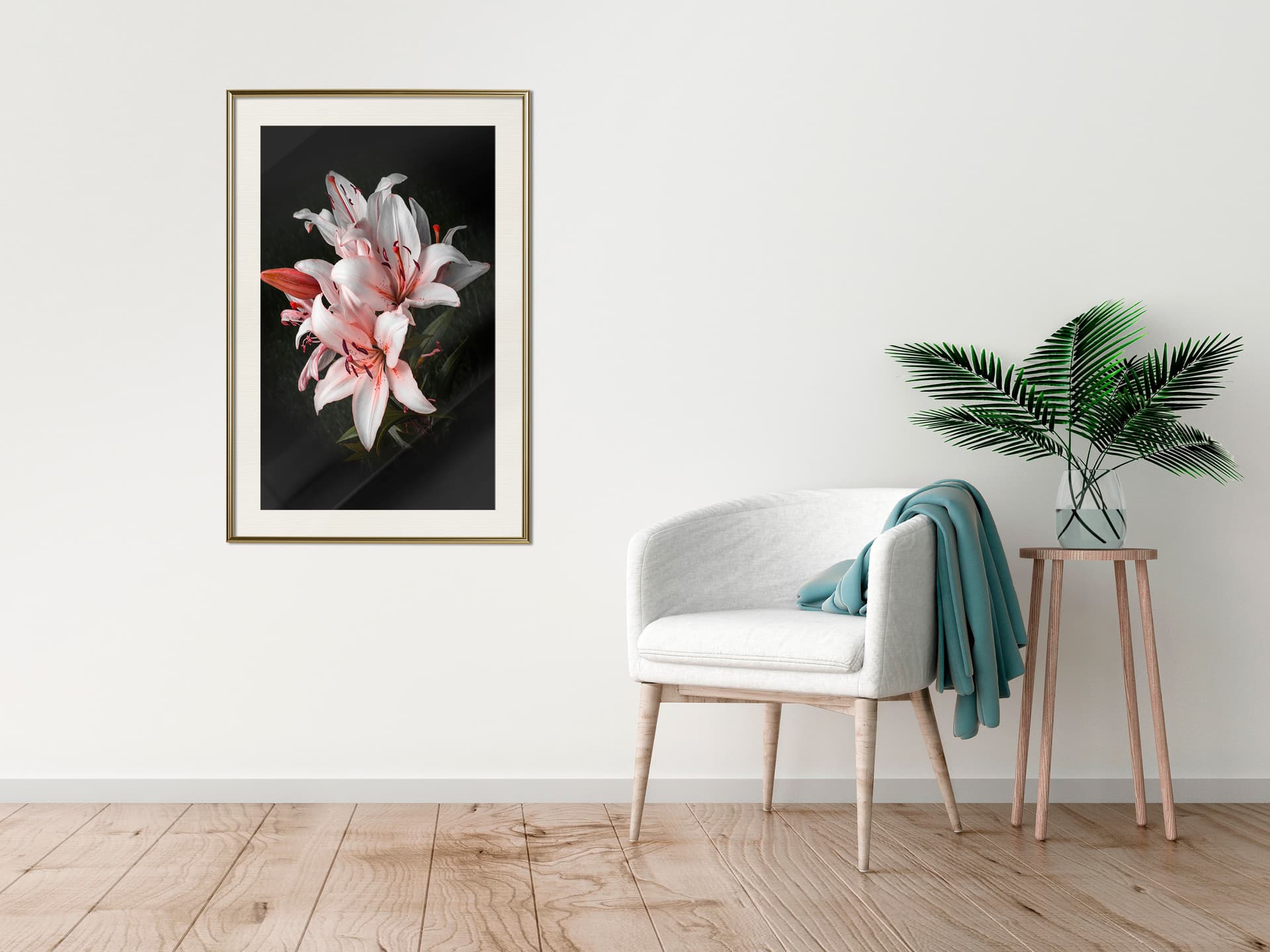 

Plakat - Bladoróżowe lilie (rozmiar 30x45, wykończenie Rama złota z passe-partout)
