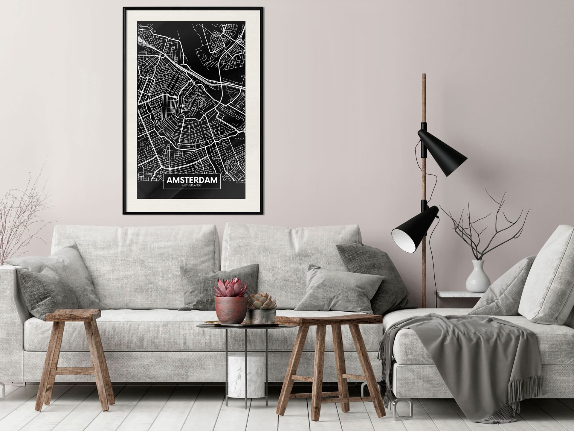 

Plakat - Plan miasta: Amsterdam (ciemny) (rozmiar 20x30, wykończenie Rama czarna z passe-partout)