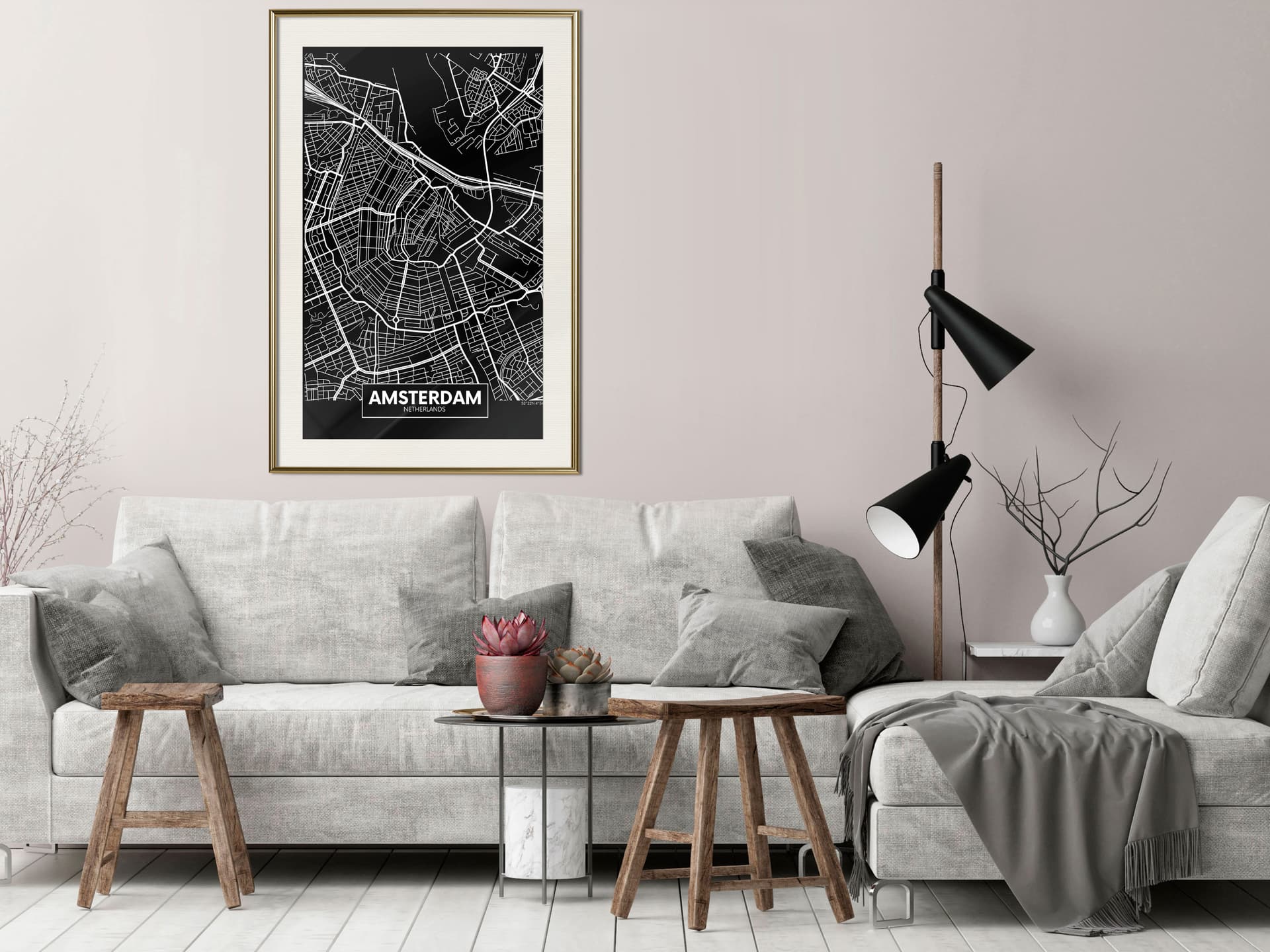 

Plakat - Plan miasta: Amsterdam (ciemny) (rozmiar 20x30, wykończenie Rama złota z passe-partout)