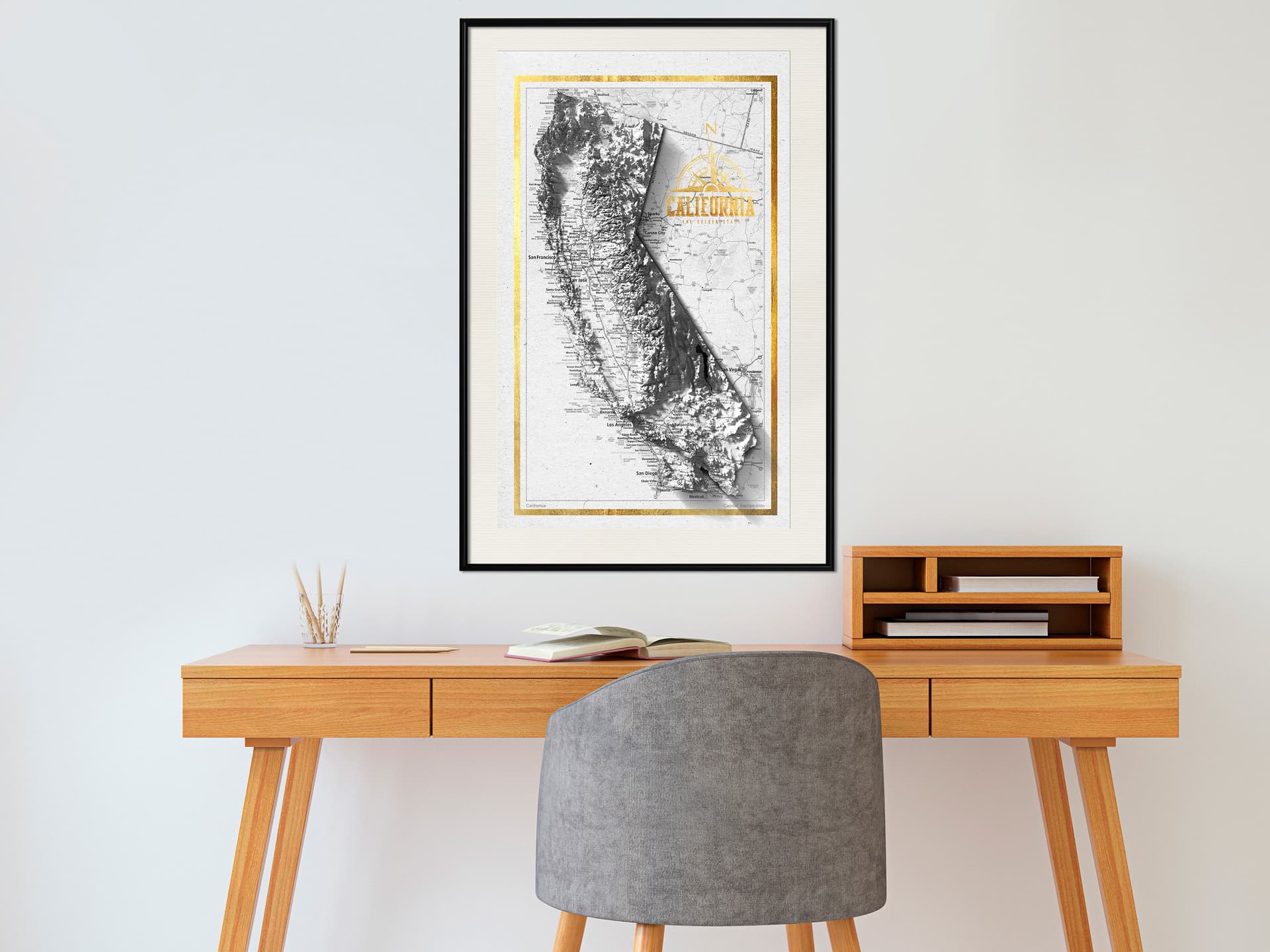 

Plakat - Mapa reliefowa: Kalifornia (rozmiar 20x30, wykończenie Rama czarna z passe-partout)