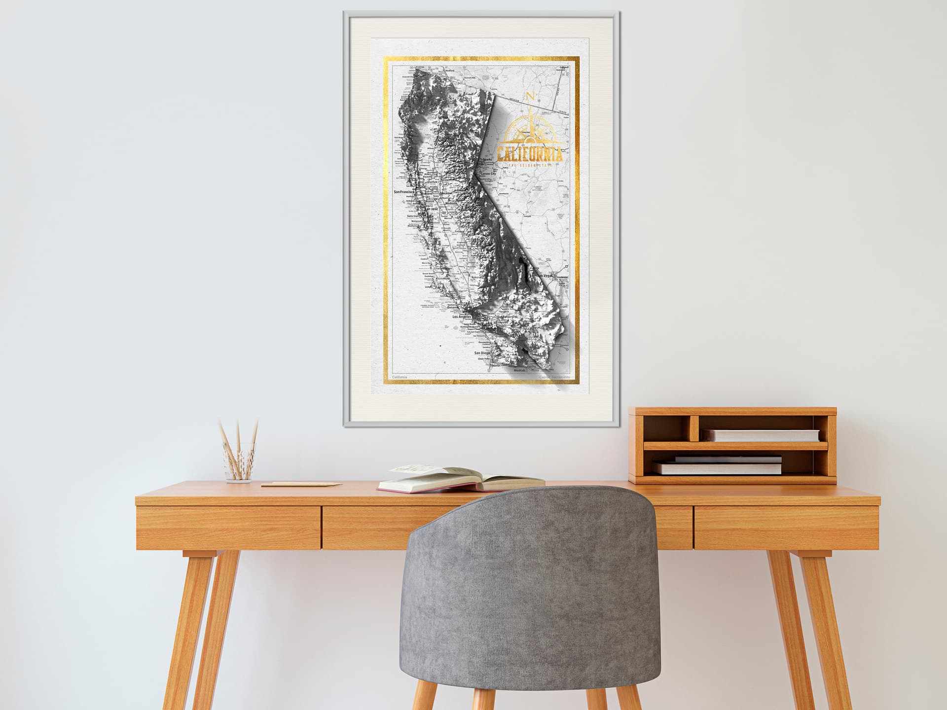 

Plakat - Mapa reliefowa: Kalifornia (rozmiar 30x45, wykończenie Rama biała z passe-partout)