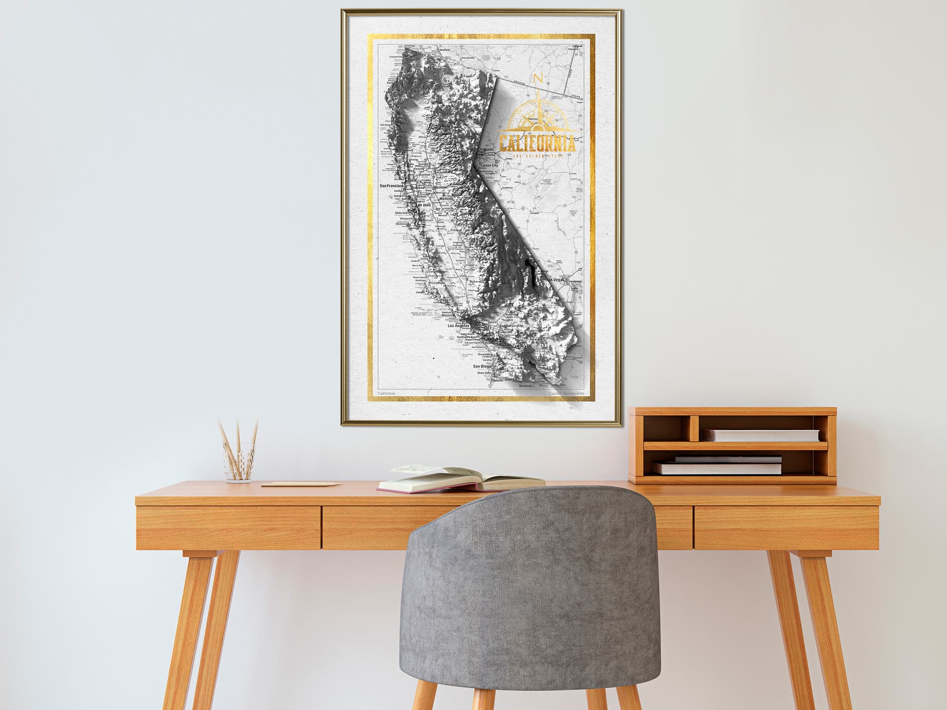 

Plakat - Mapa reliefowa: Kalifornia (rozmiar 20x30, wykończenie Rama złota)