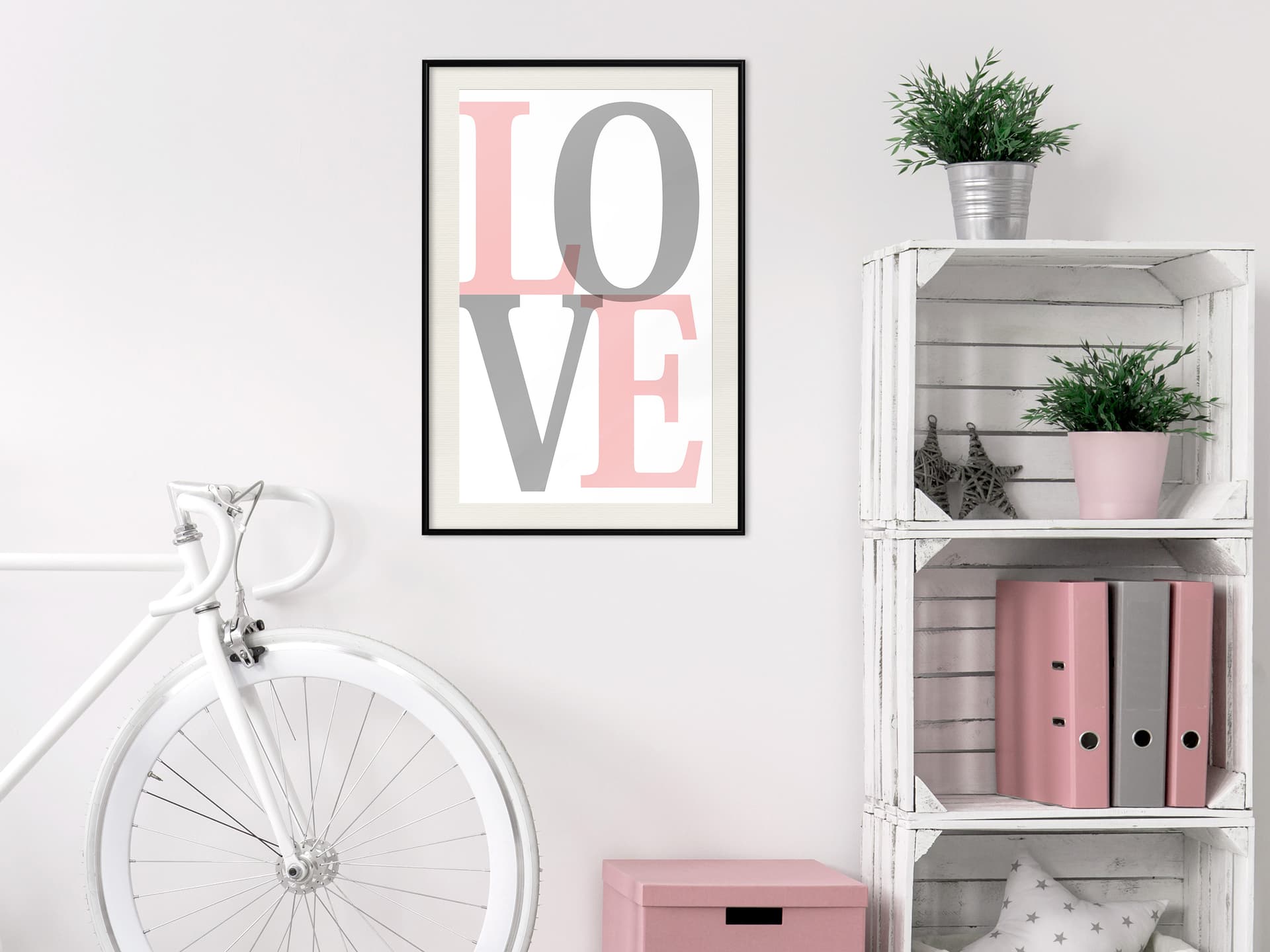

Plakat - Szaro-różowe Love (rozmiar 20x30, wykończenie Rama czarna z passe-partout)