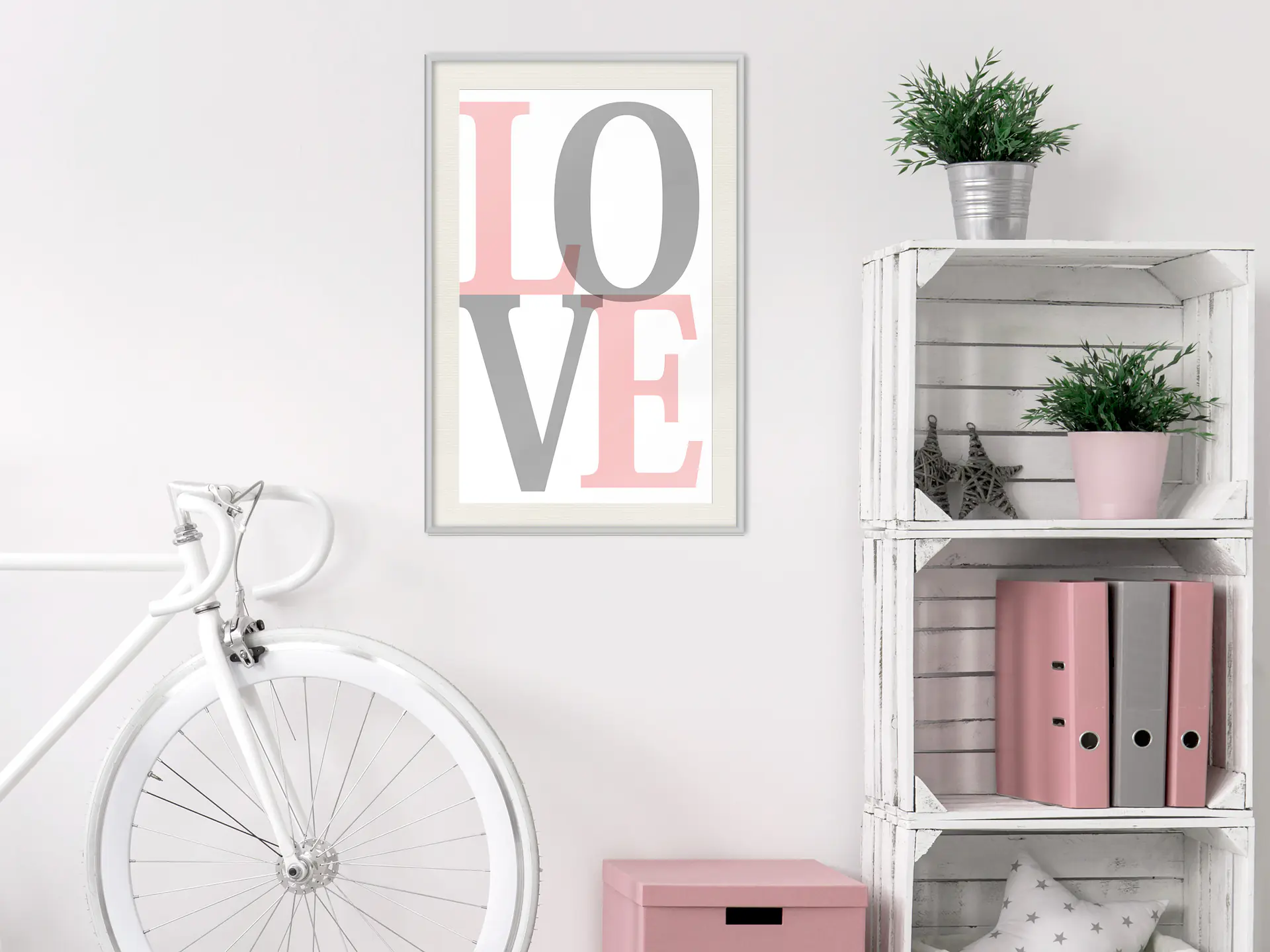 

Plakat - Szaro-różowe Love (rozmiar 20x30, wykończenie Rama biała z passe-partout)