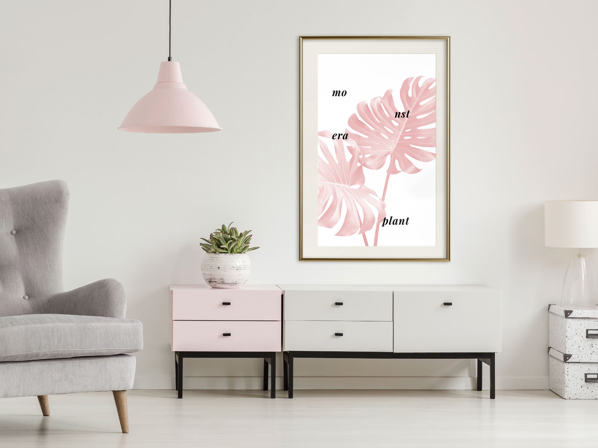 

Plakat - Bladoróżowa monstera (rozmiar 30x45, wykończenie Rama złota z passe-partout)
