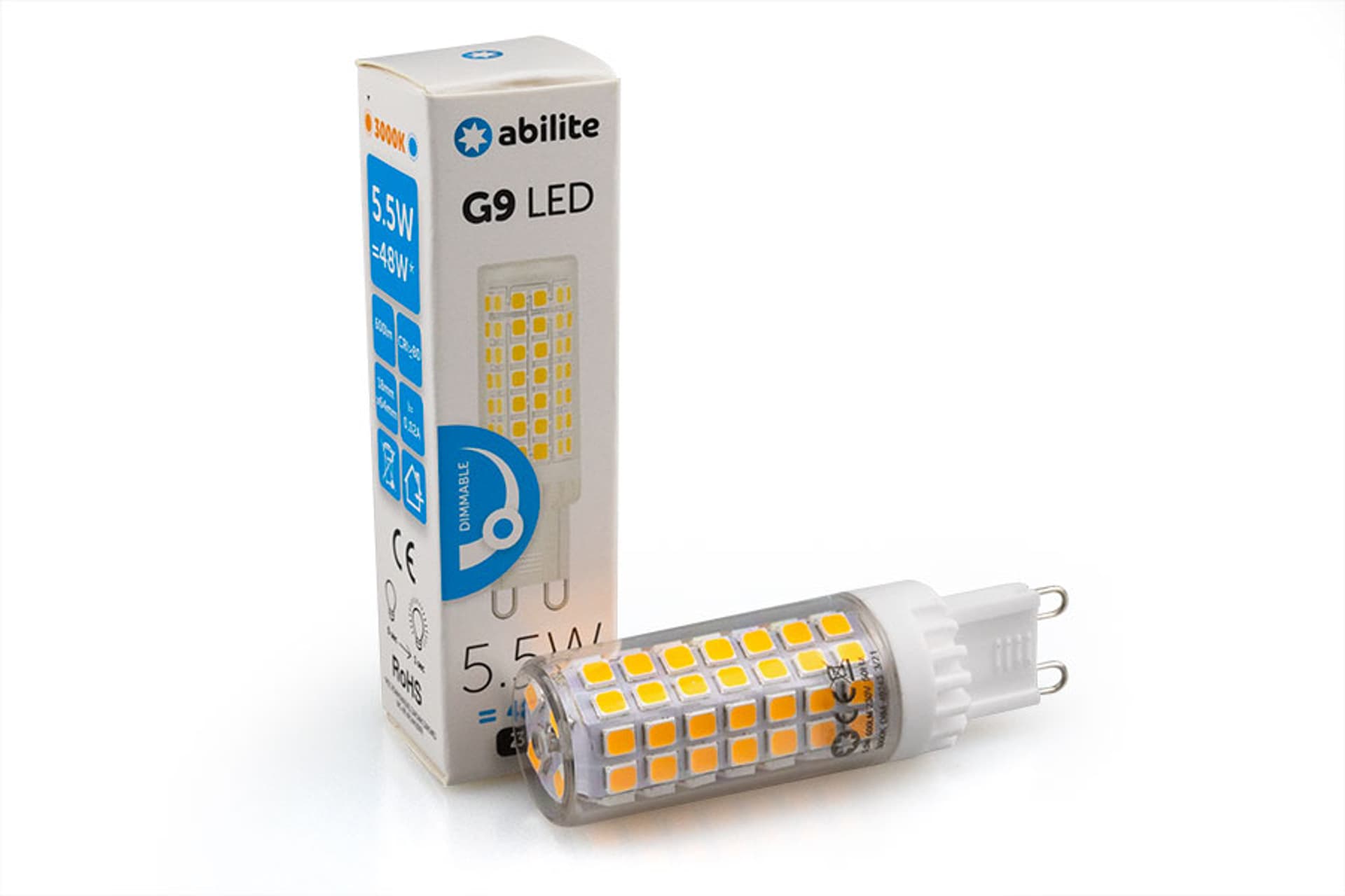 

ŻARÓWKA LED ABILITE SZTYFT B.CIEPŁA G9 5,5W 230V 600LM ŚCIEMNIALNA