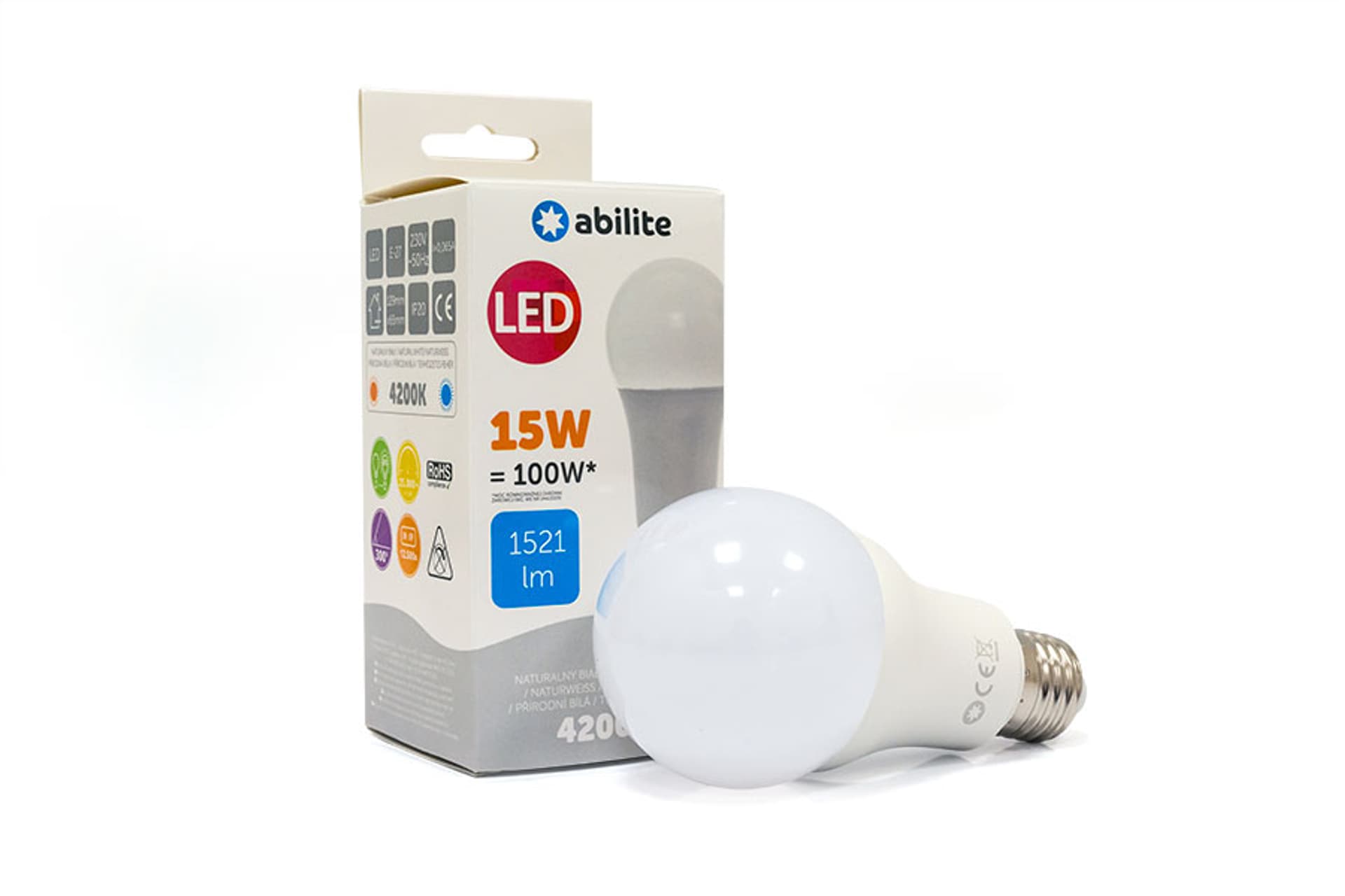 

ŻARÓWKA LED ABILITE KLASYCZNA MLECZNA B.NEUTRALNA E27 15W/230V 1521LM A65