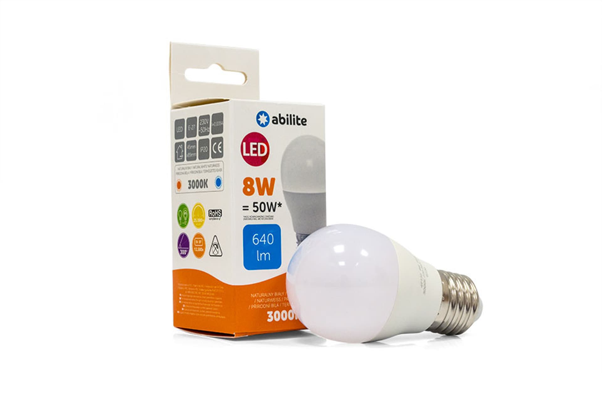

ŻARÓWKA LED ABILITE KULKA MLECZNA B.CIEPŁA E27 8W/230V 640LM G45