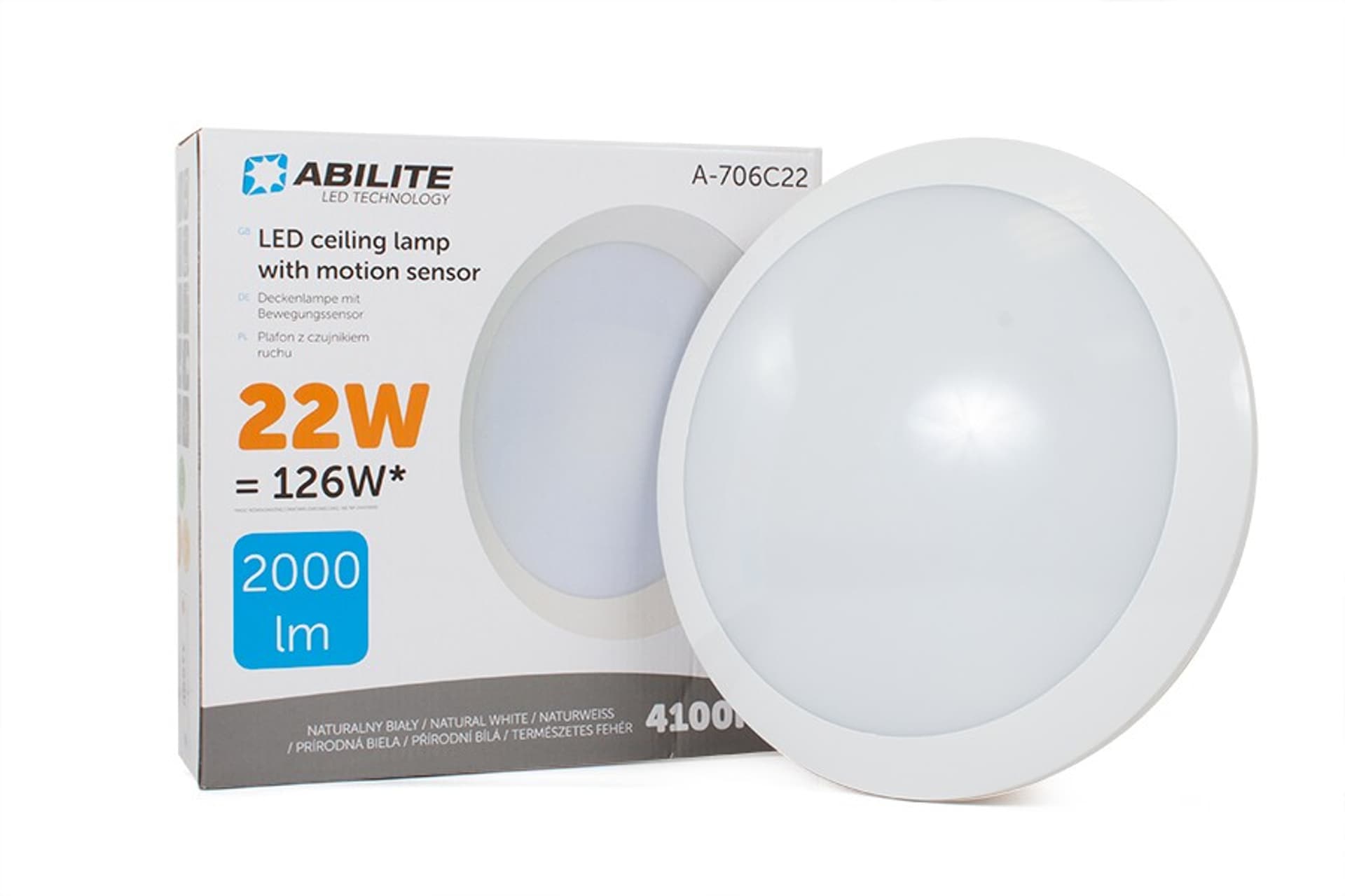 

PLAFON LED ABILITE A-706C22 Z CZUJNIKIEM RUCHU MIKROFALOWYM B.NATURALNA 22W/230V 2000LM Z FUNKCJĄ PÓŁCIENIA 20% MOCY